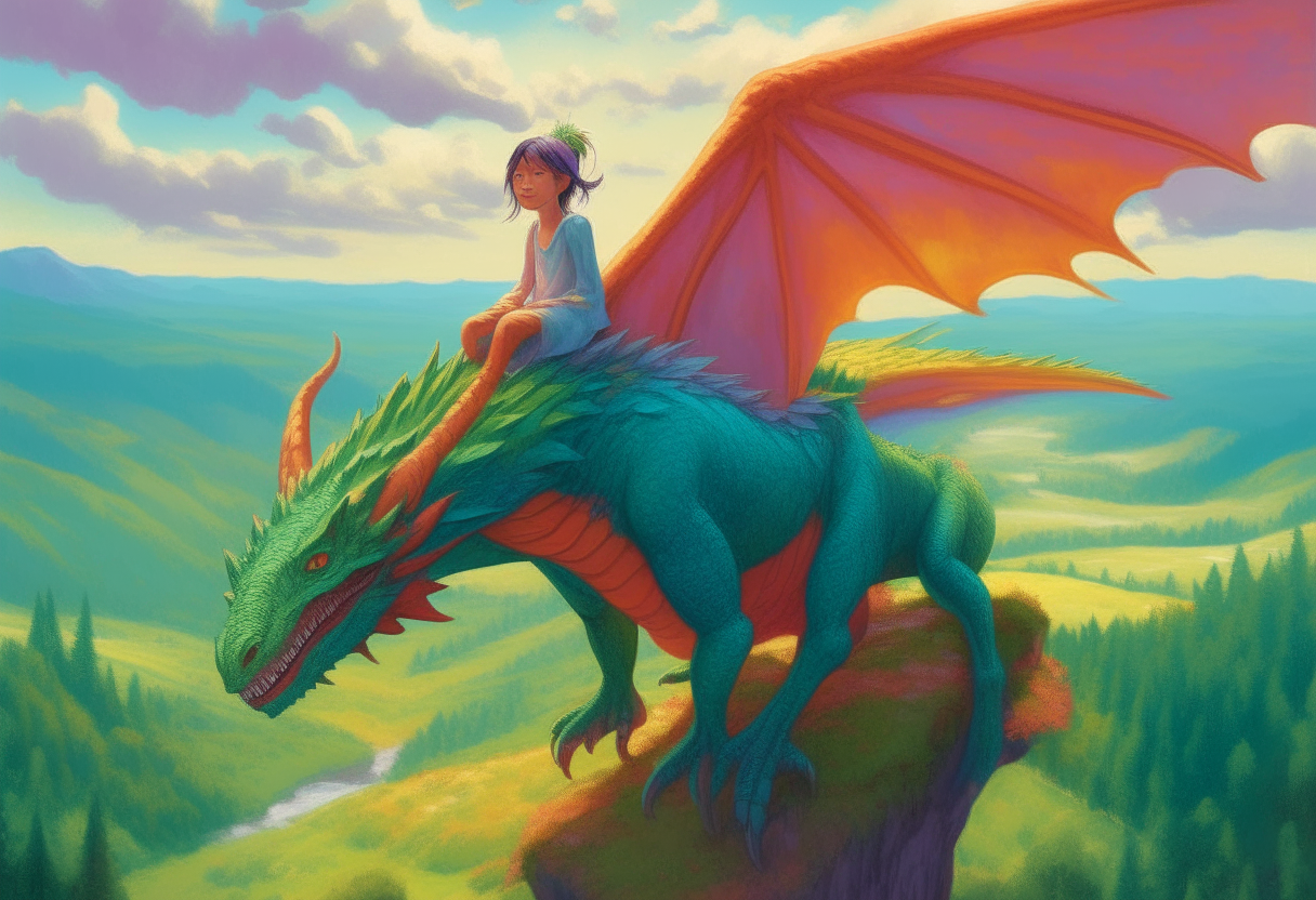 An angel child sitting on the back of a colorful dragon as it soars over green fields and forests.