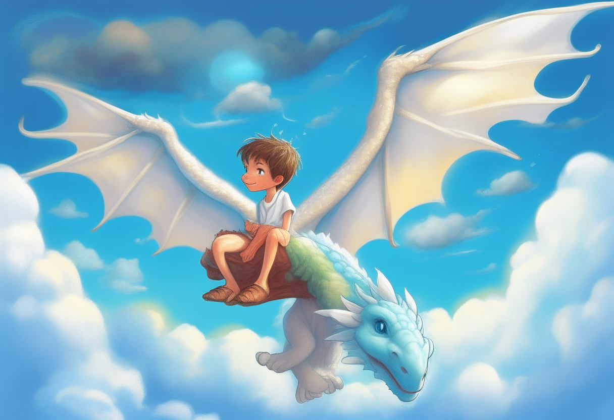 An angel boy and dragon flying together under a bright blue sky with fluffy white clouds.
