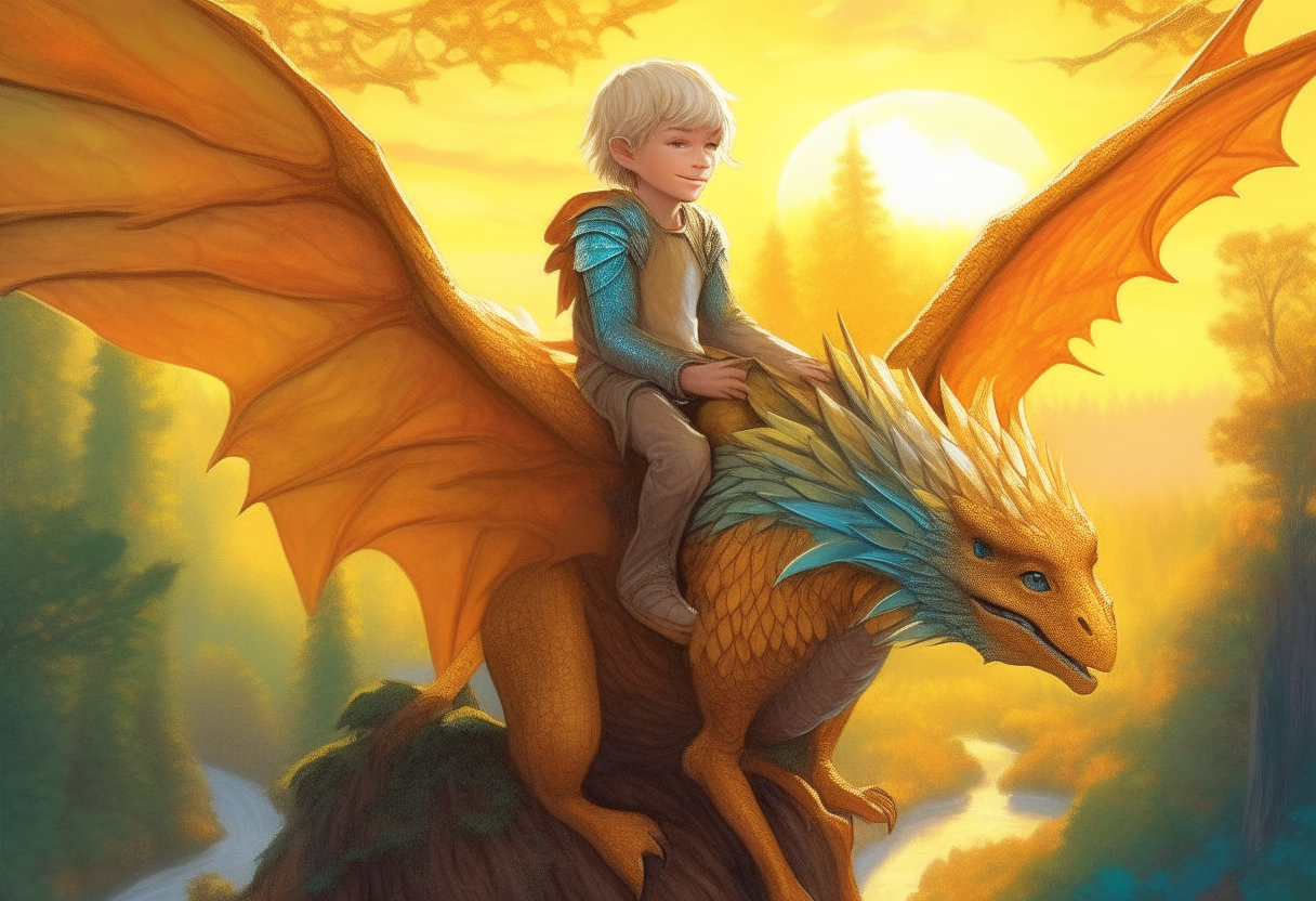 The angel child sits peacefully on his dragon friend's back over a colorful forest landscape bathed in golden sunlight.