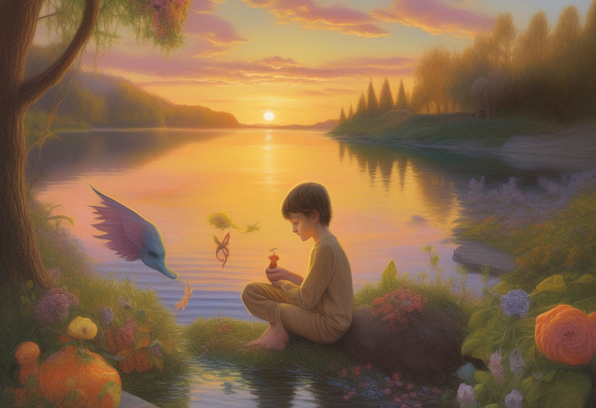 By a calm lake at sunset, an angel boy feeds apples to his dragon while colorful wildflowers bloom all around them.