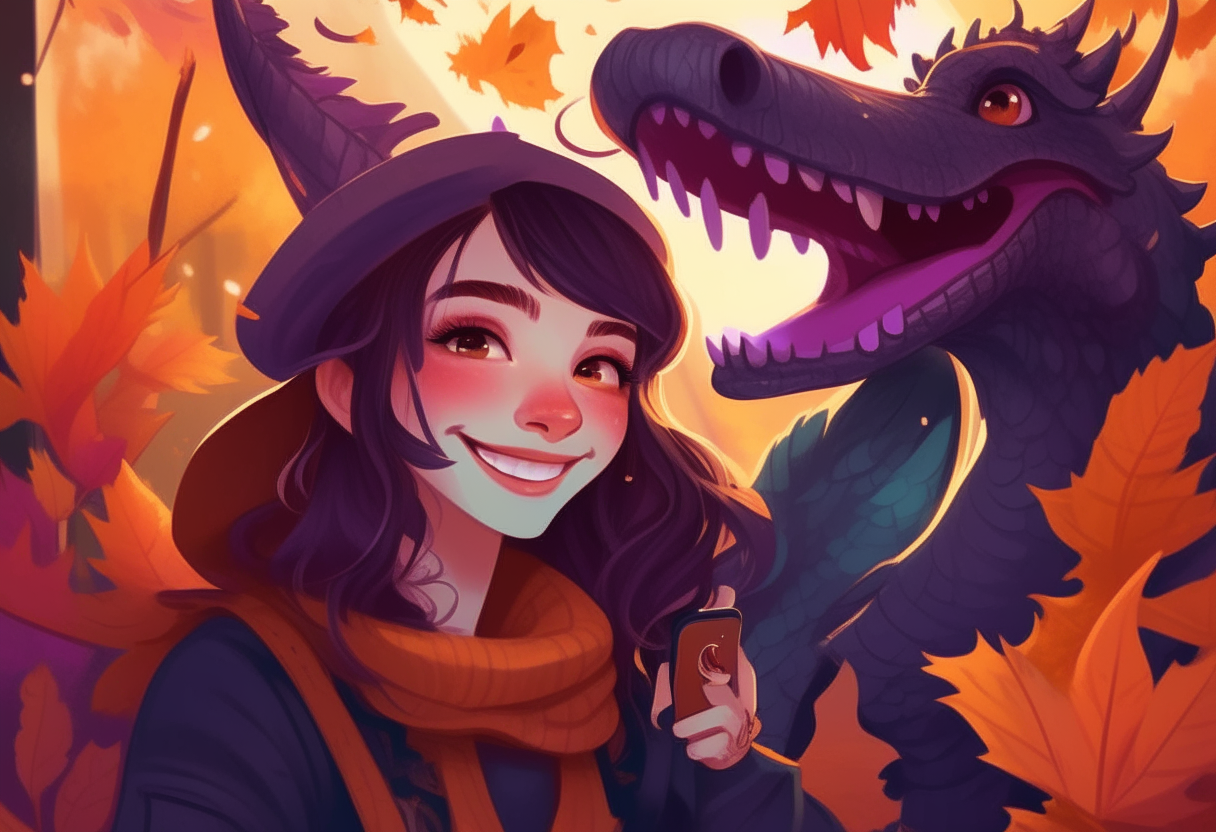 A witch girl smiles as she takes a selfie with her dragon friend against a backdrop of colorful autumn leaves.