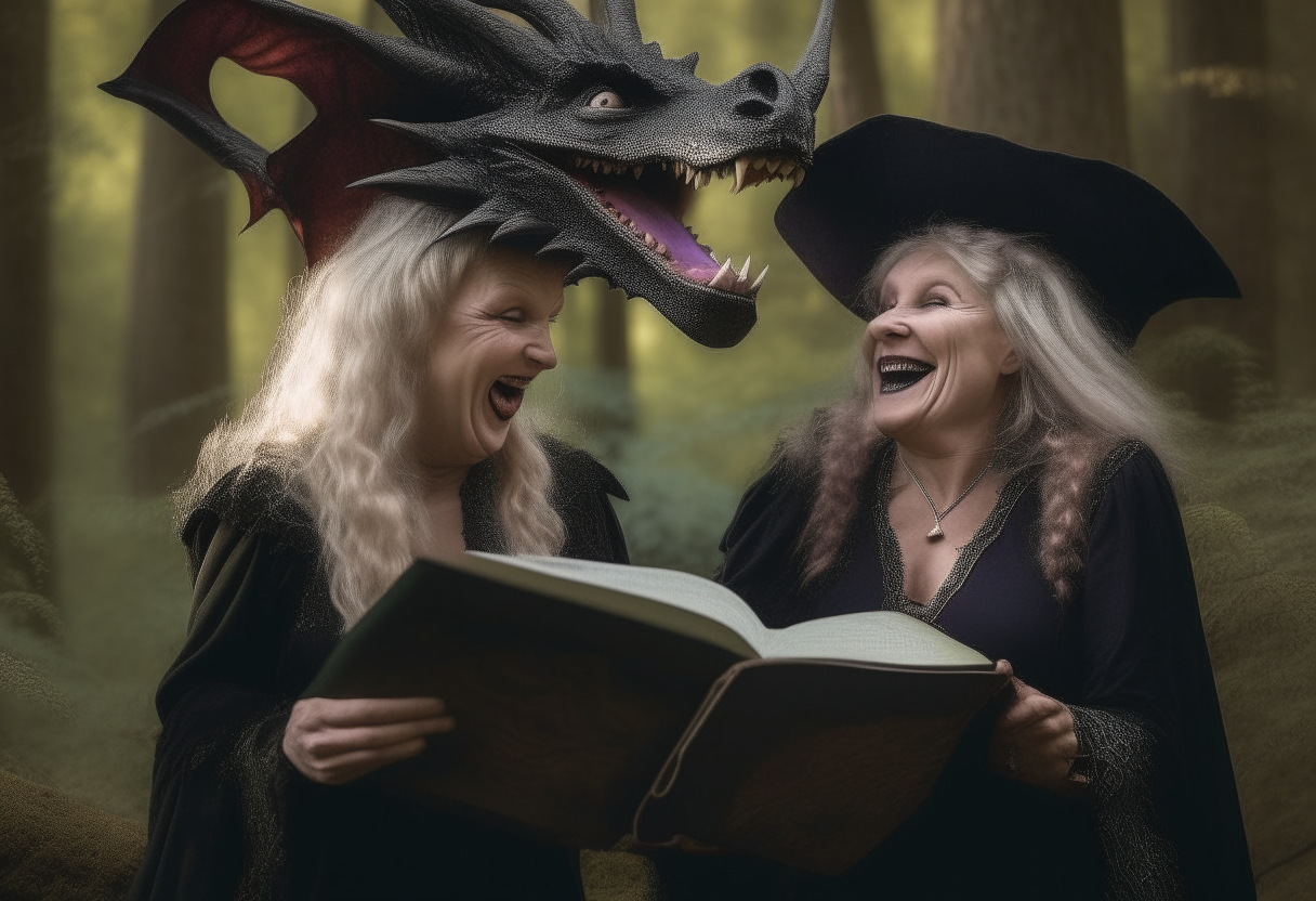 A witch and her dragon laugh as they review photos they took together flying over a fairy tale forest.