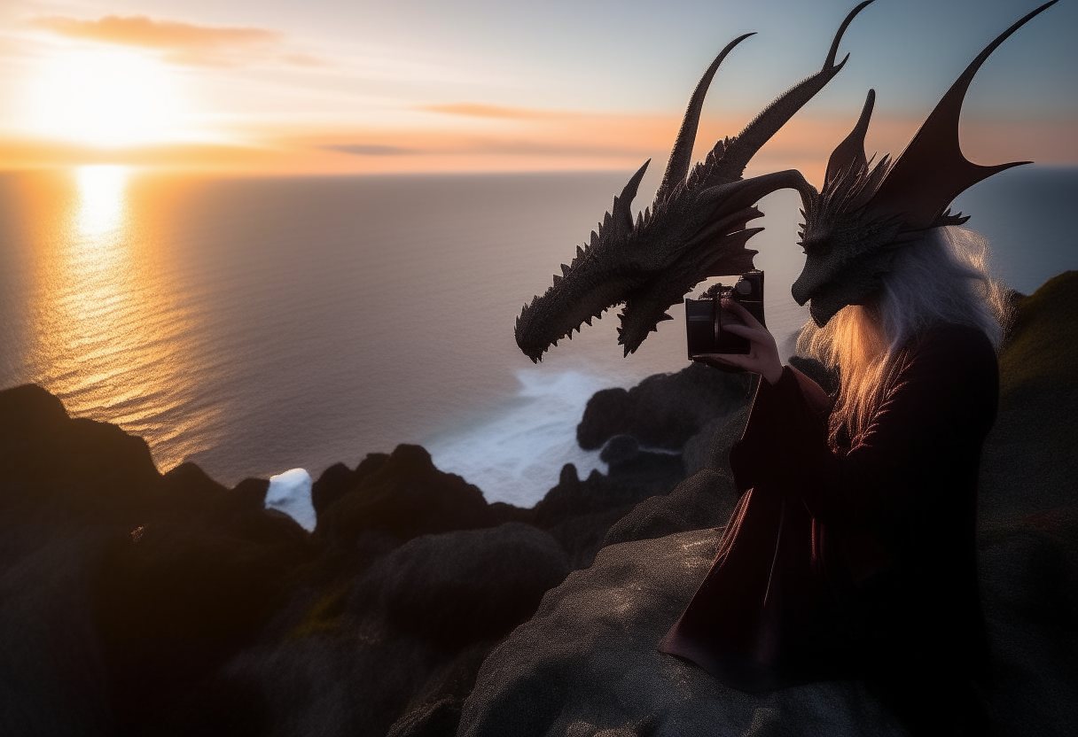 A witch holds up her camera to capture a photo of her dragon posing proudly on a rocky cliff above the sea as the sun sets.