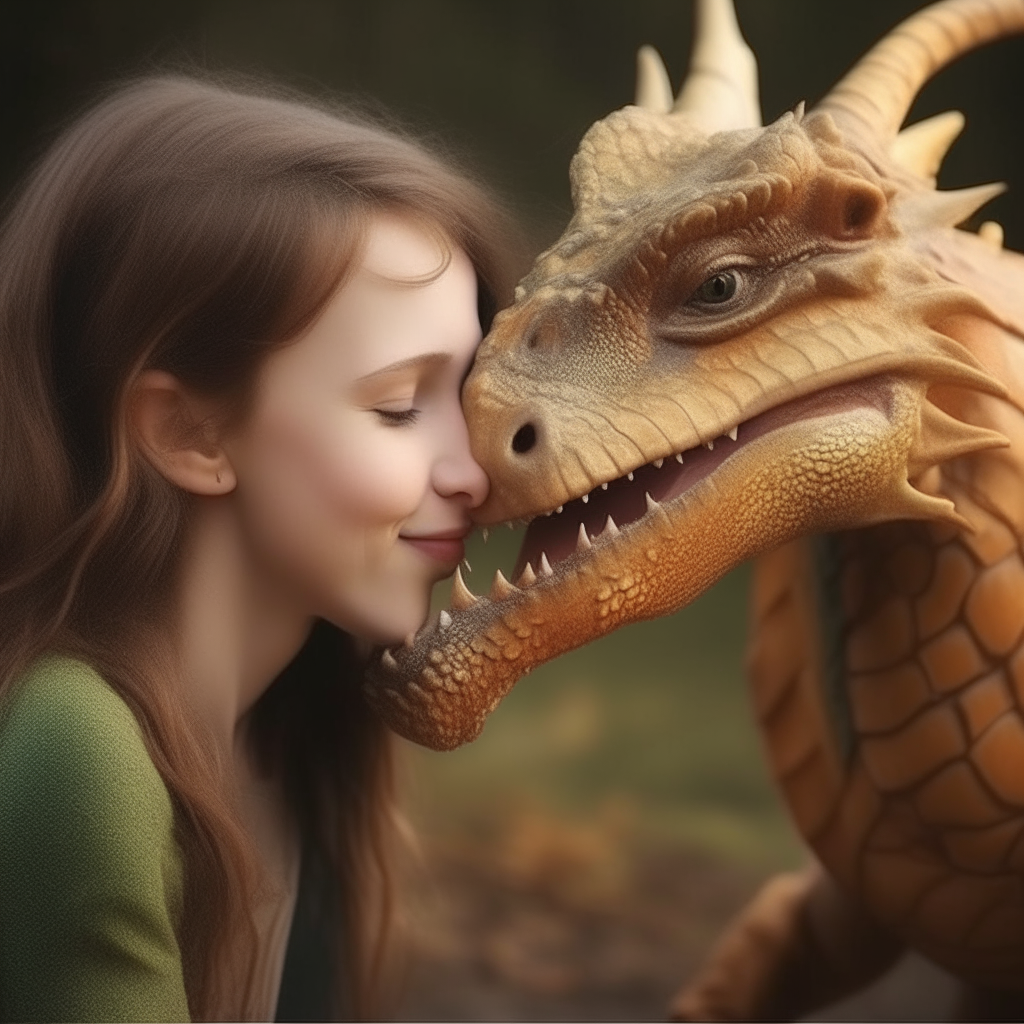 A beautiful girl kissing a dragon on its cheek for its birthday as a sign of friendship