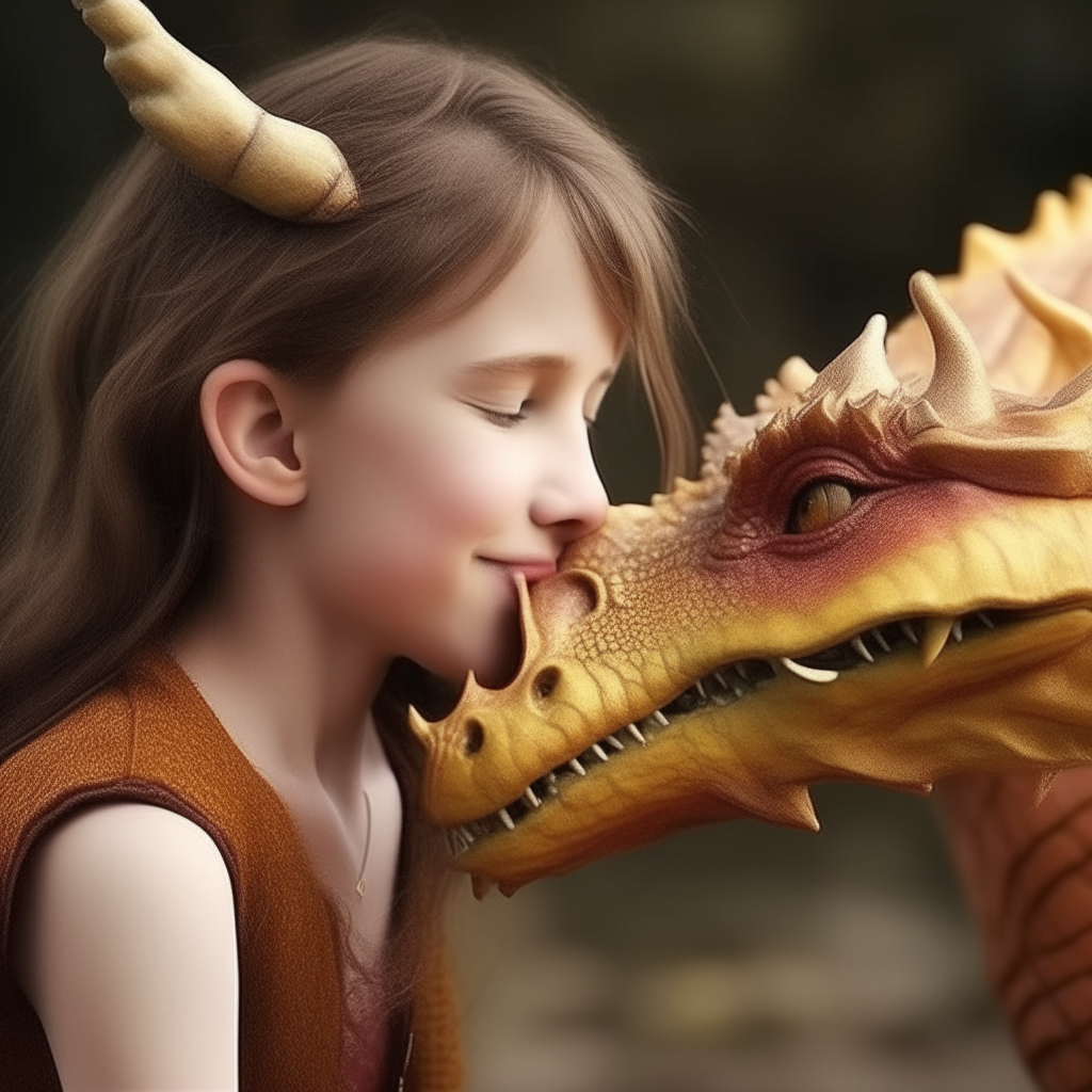 A beautiful girl giving a dragon a kiss on the nose for its birthday to celebrate their friendship