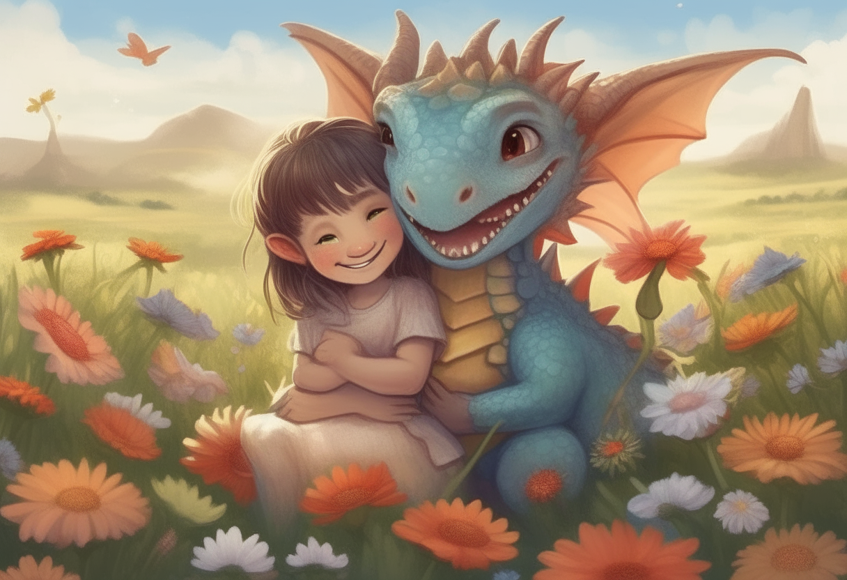 A little girl hugging a baby dragon with wings and scales, smiling together in a field of flowers