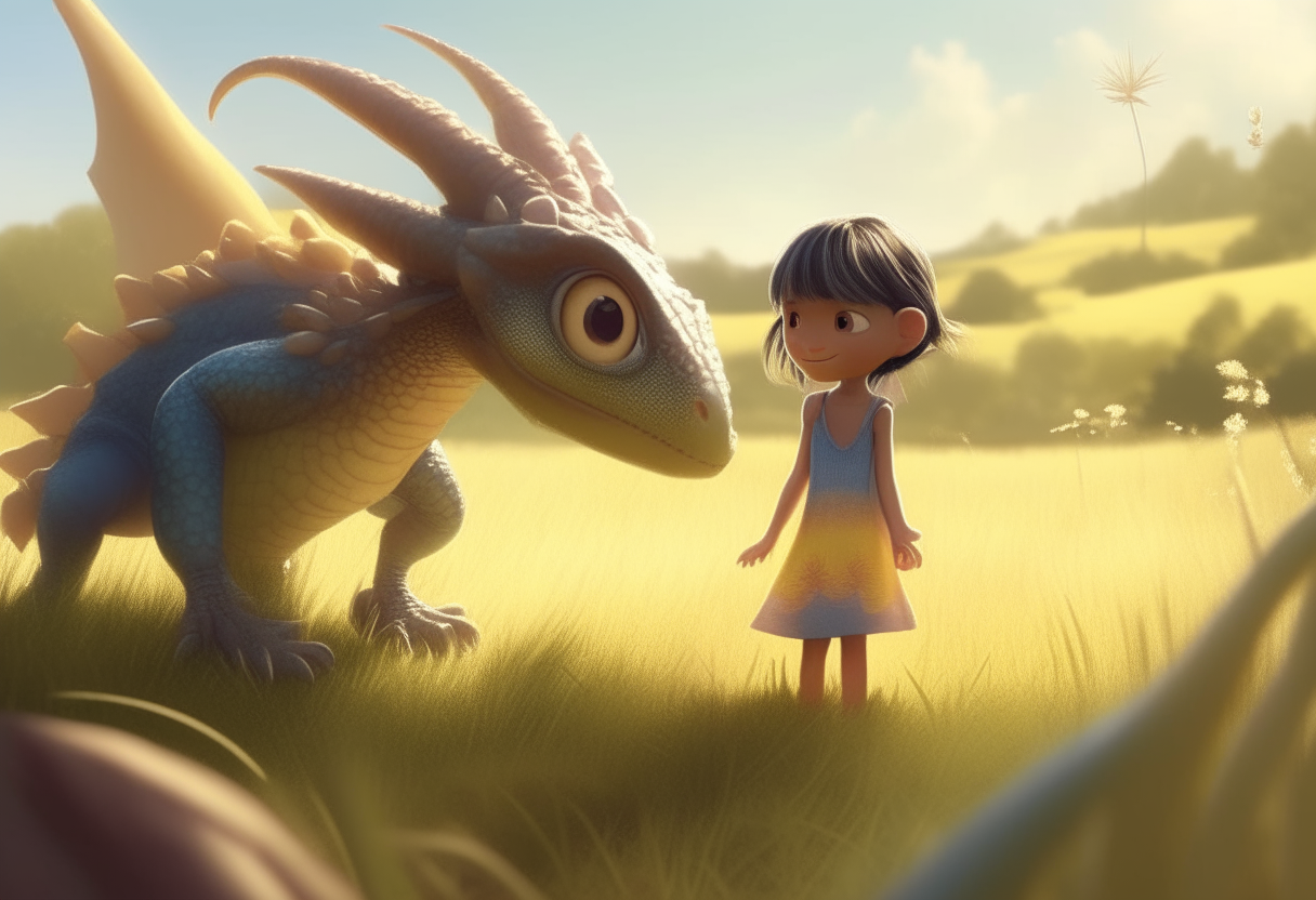 A little girl holding the hand of a small dragon with big eyes and claws, walking together through a sunny meadow