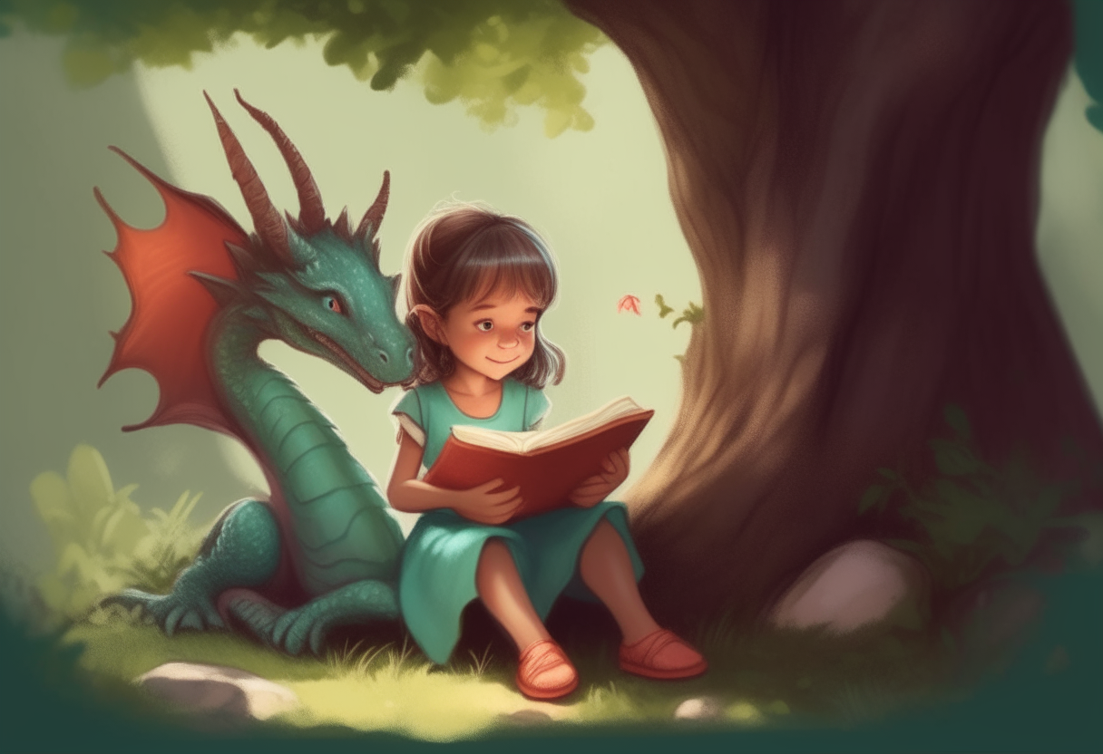 A little girl sitting with a tiny dragon on her lap, reading it a storybook under a tree