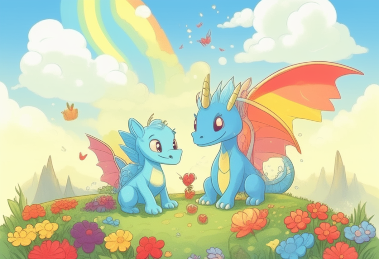 a small dragon and angel sitting together in a field of flowers under a rainbow, cute cartoon style