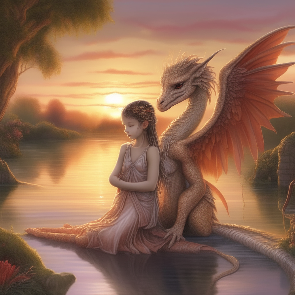 A beautiful angel hugging a tiny dragon beside a pond at sunset