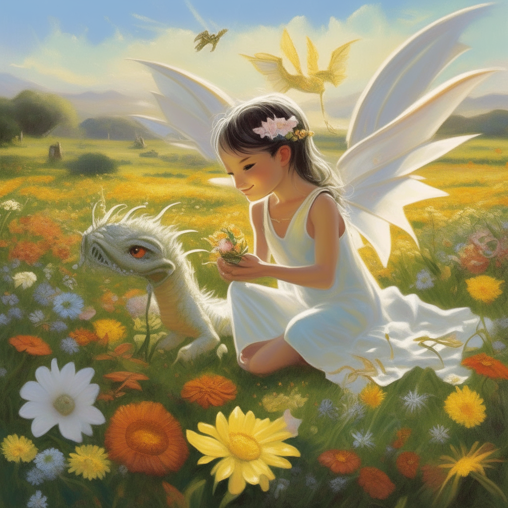 A beautiful angel playing with a little dragon in a field of flowers on a sunny day