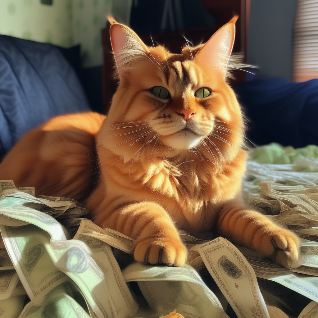 A fluffy orange tabby cat lounging on a bed of cash, enjoying the soft bills