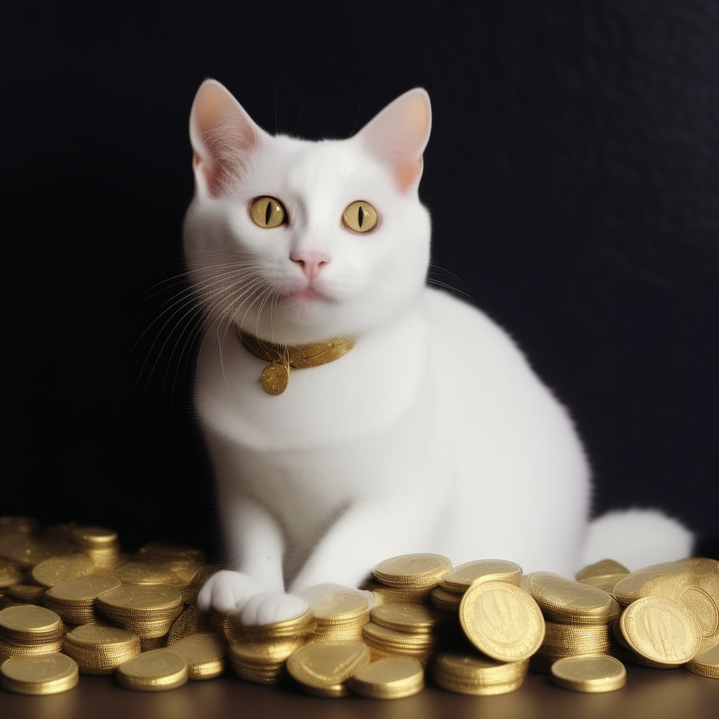 A playful white cat sitting on a pile of gold coins, looking curiously at the camera