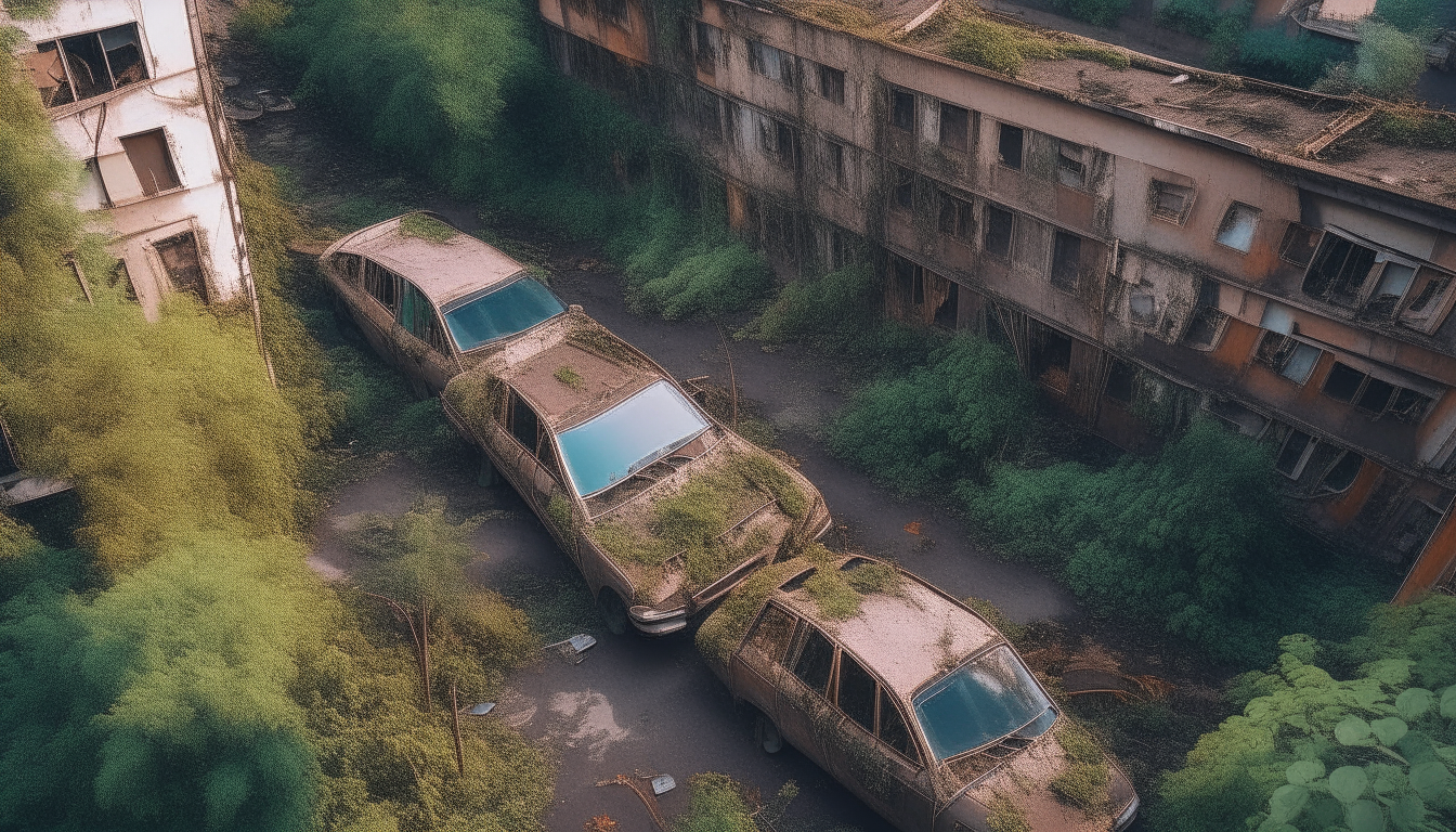 Aerial view of an abandoned city street filled with rusted cars covered in vines and foliage. The buildings and infrastructure are crumbling.