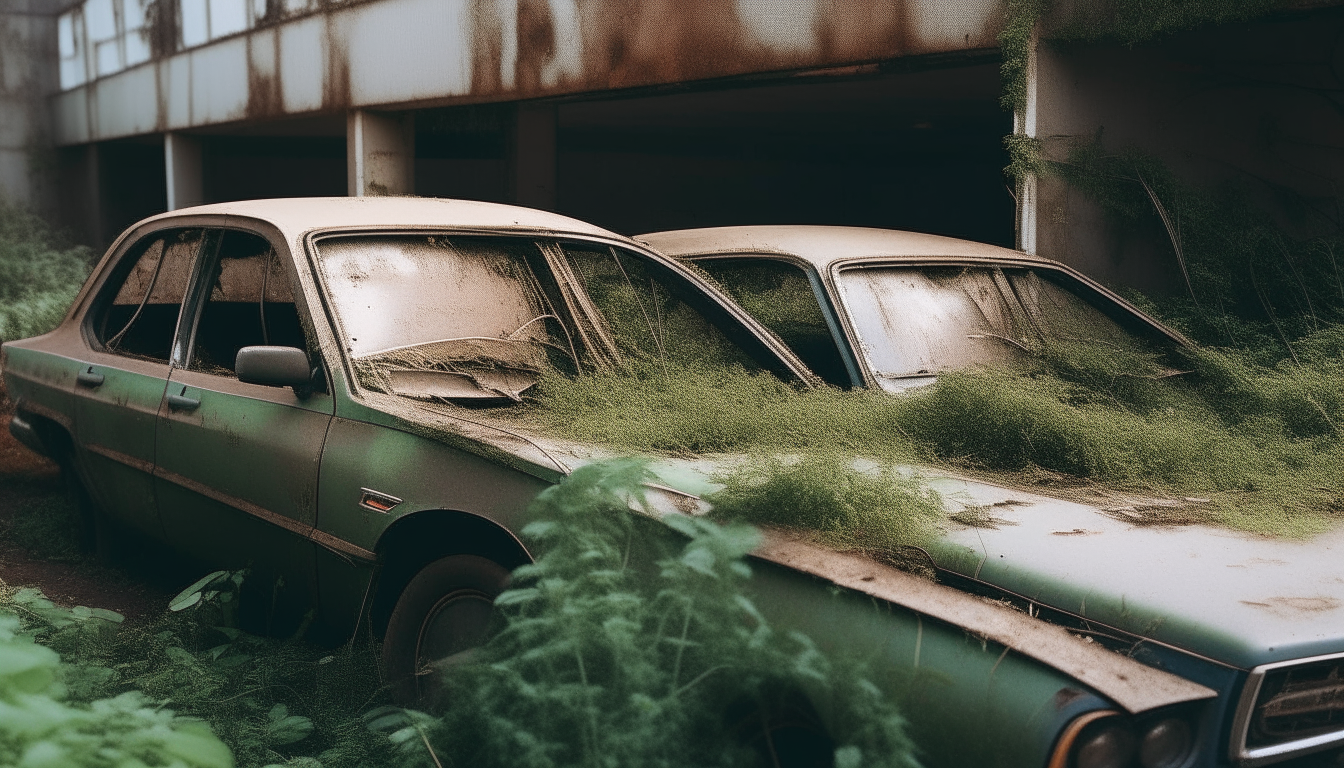 A close up view of two abandoned cars in an overgrown parking lot. The windows are broken and plants are growing out of the wheel wells.