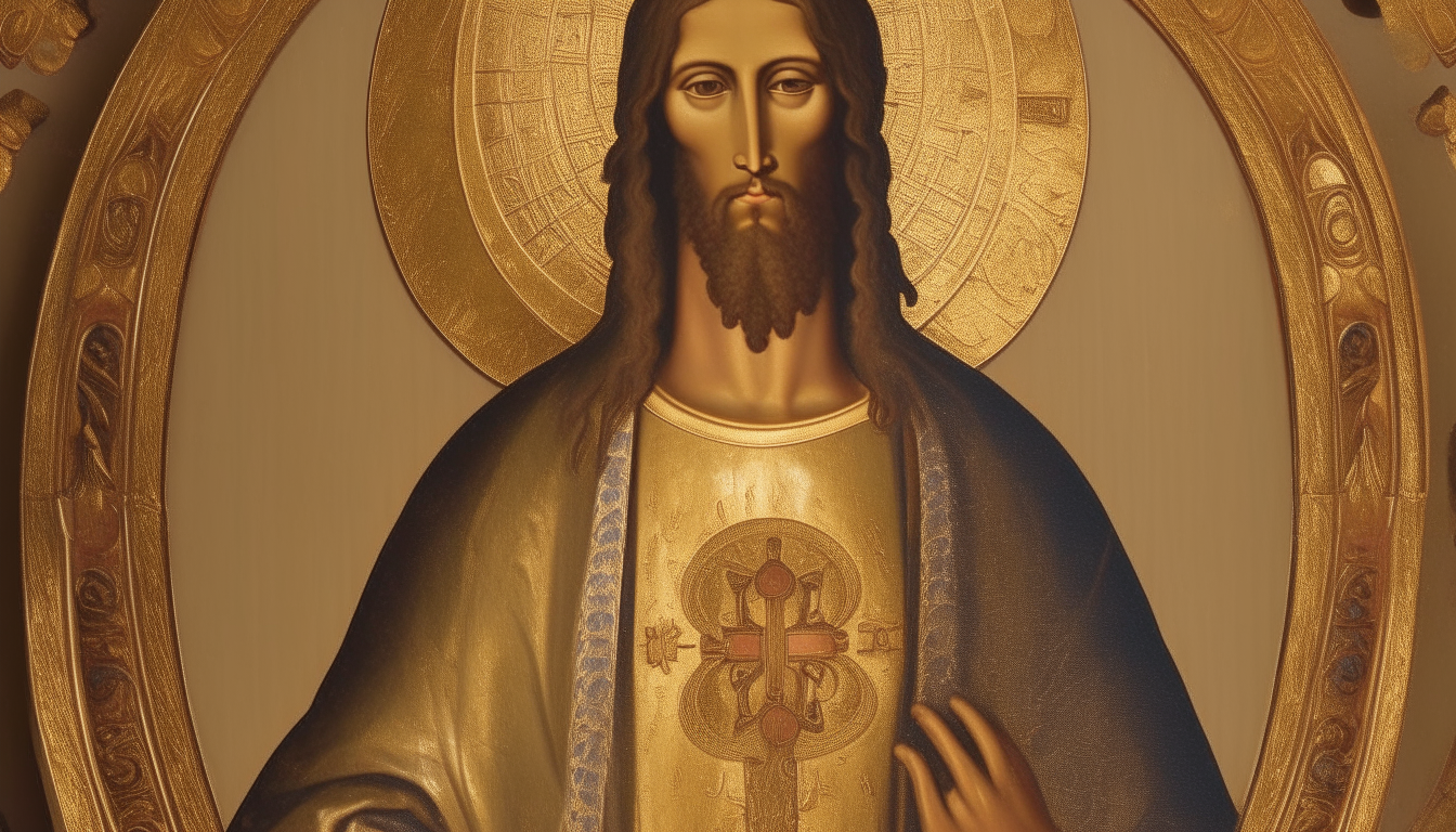 a Byzantine painting of Christ Pantocrator with intricate gold leaf halos and robes, highly detailed