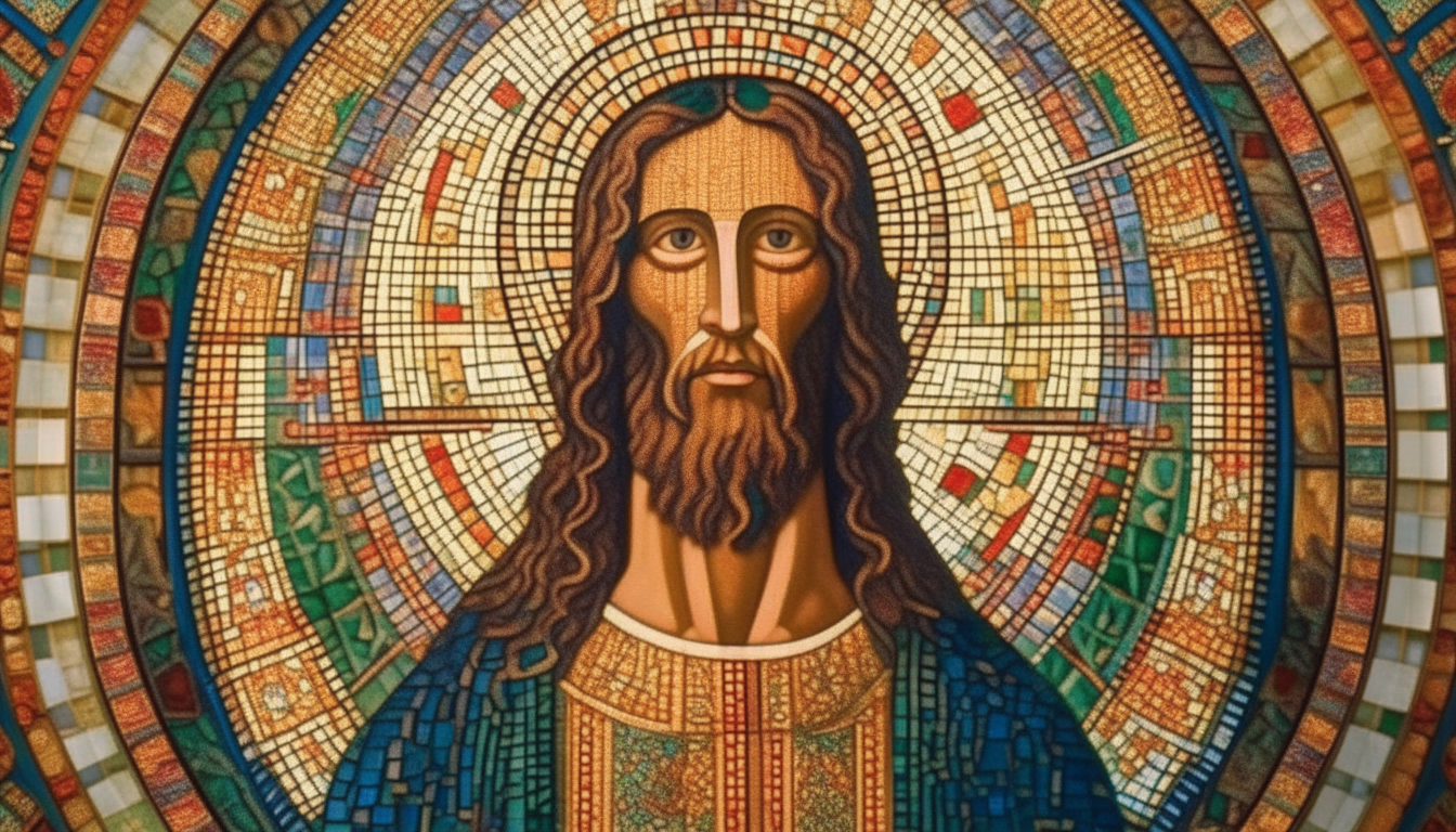 an ancient Byzantine mosaic of Christ Pantocrator in vivid colors with intricate geometric patterns, highly detailed