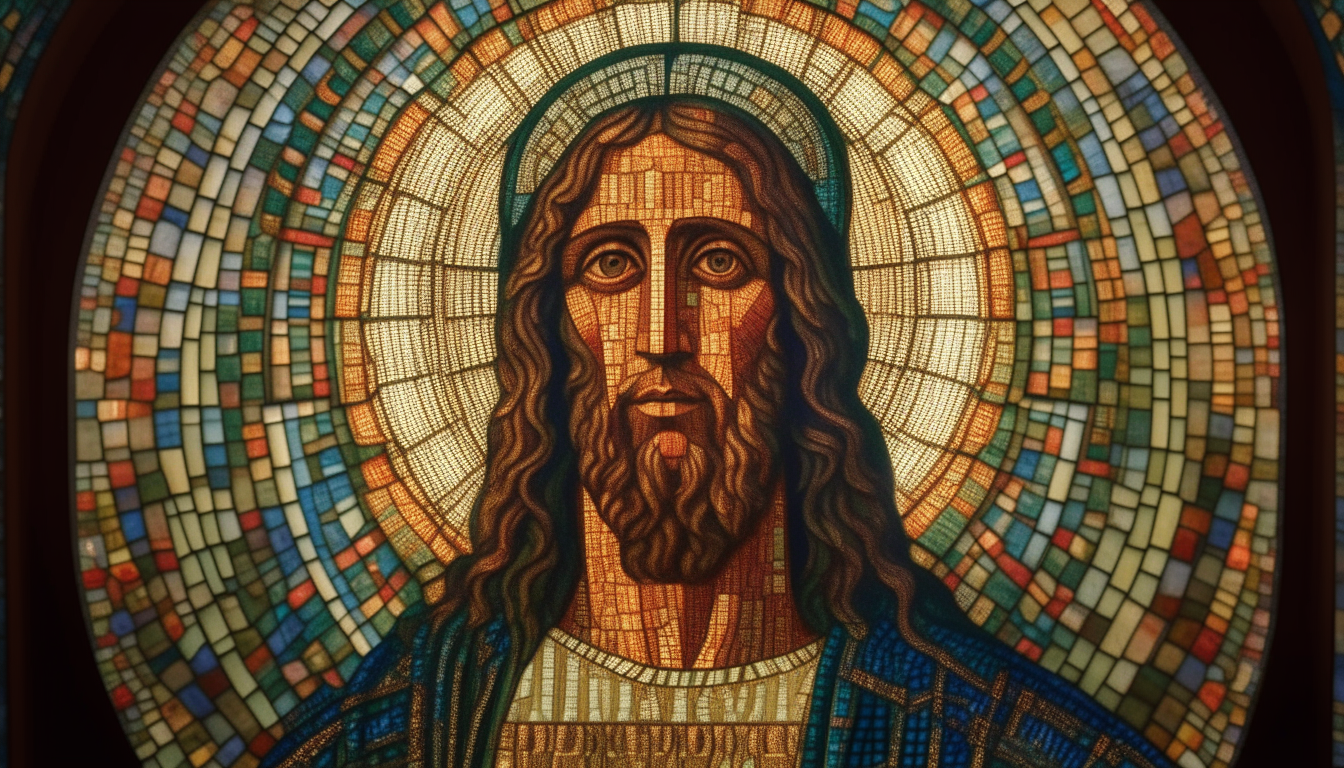 an ancient Byzantine mosaic of Christ Pantocrator in vivid colors with intricate geometric patterns, cinematic lighting, highly detailed and realistic