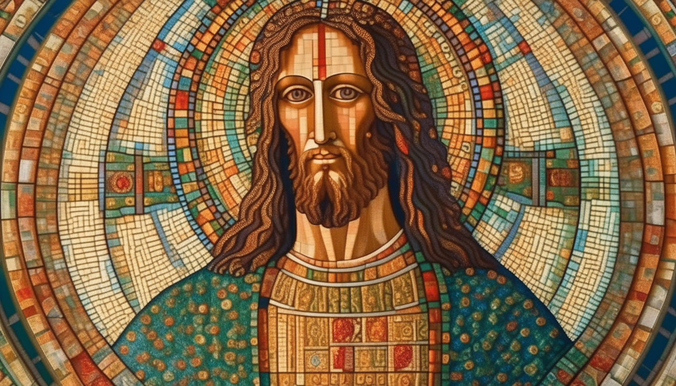 an ancient Byzantine mosaic of Christ Pantocrator in vivid colors with intricate geometric patterns, highly detailed