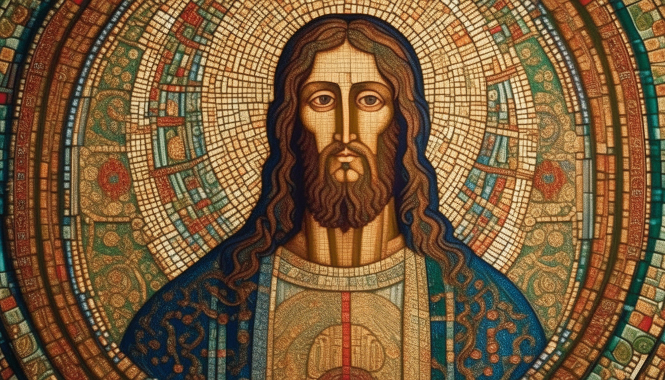 an ancient Byzantine mosaic of Christ Pantocrator with intricate patterns and vivid colors, highly detailed