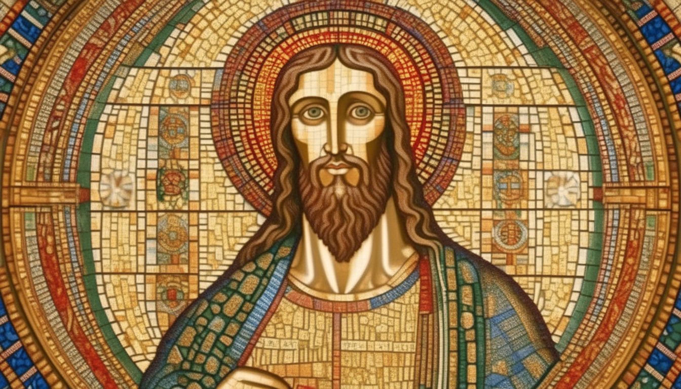 an ancient Byzantine mosaic of Christ Pantocrator in the style of proto-Christian mosaics from Jordan, with intricate geometric patterns and vivid colors