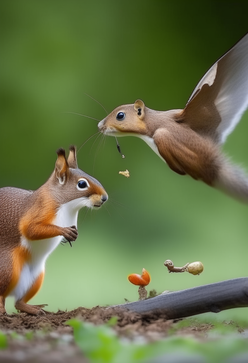 make a bird flying over a squirrel thats eating