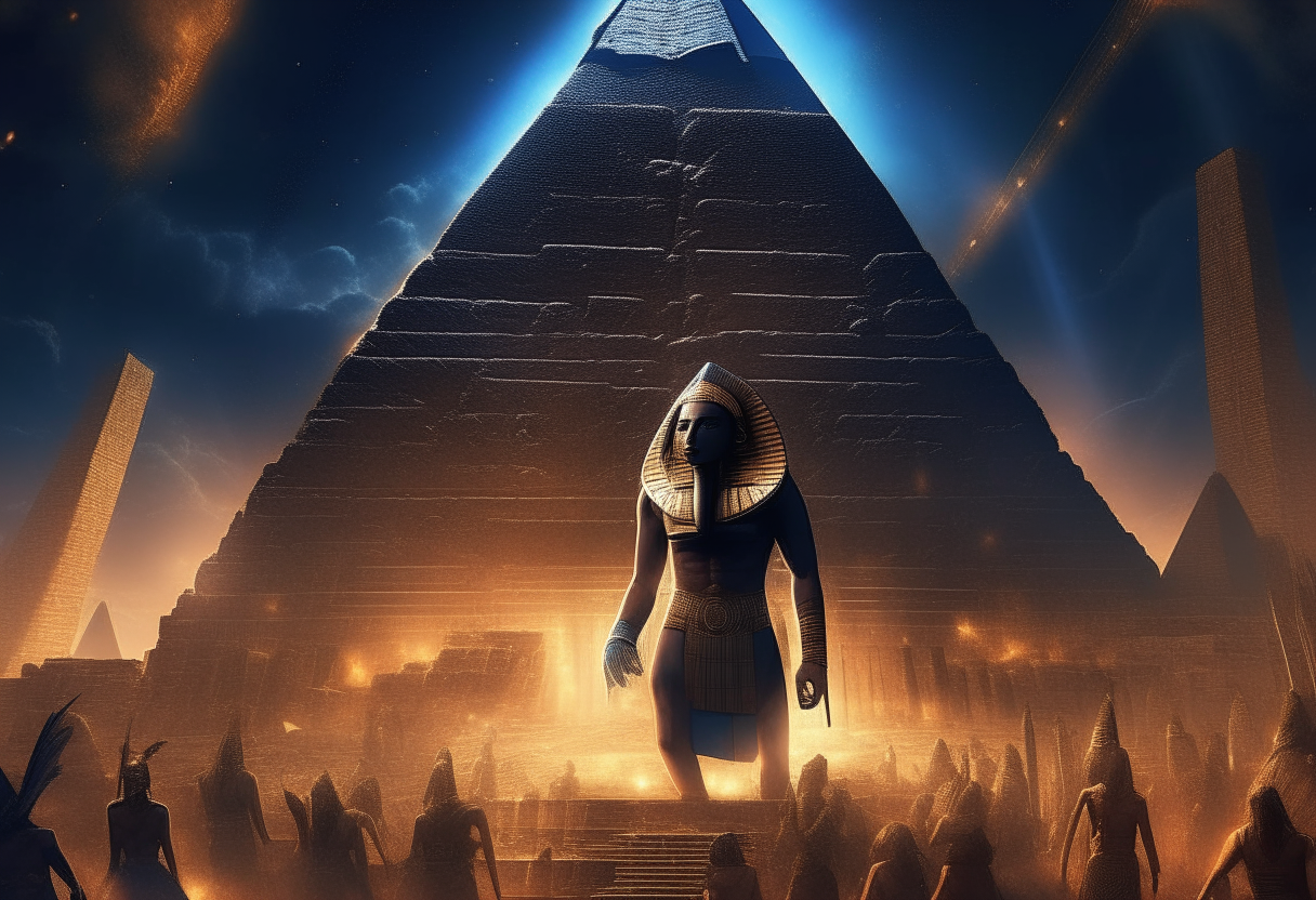 The pharaoh of Egypt stands proudly amongst the pyramids of Giza, commanding the ancient Egyptian gods Horus, Anubis and others in a climactic battle against an invading alien force. The night sky lights up with explosions as the deities wield their formidable powers against the extraterrestrial foes. epic, climactic, battle scene, pyramids of giza, egyptian gods, horus, anubis, defending earth, aliens, sci-fi, dramatic lighting, cinematic quality
