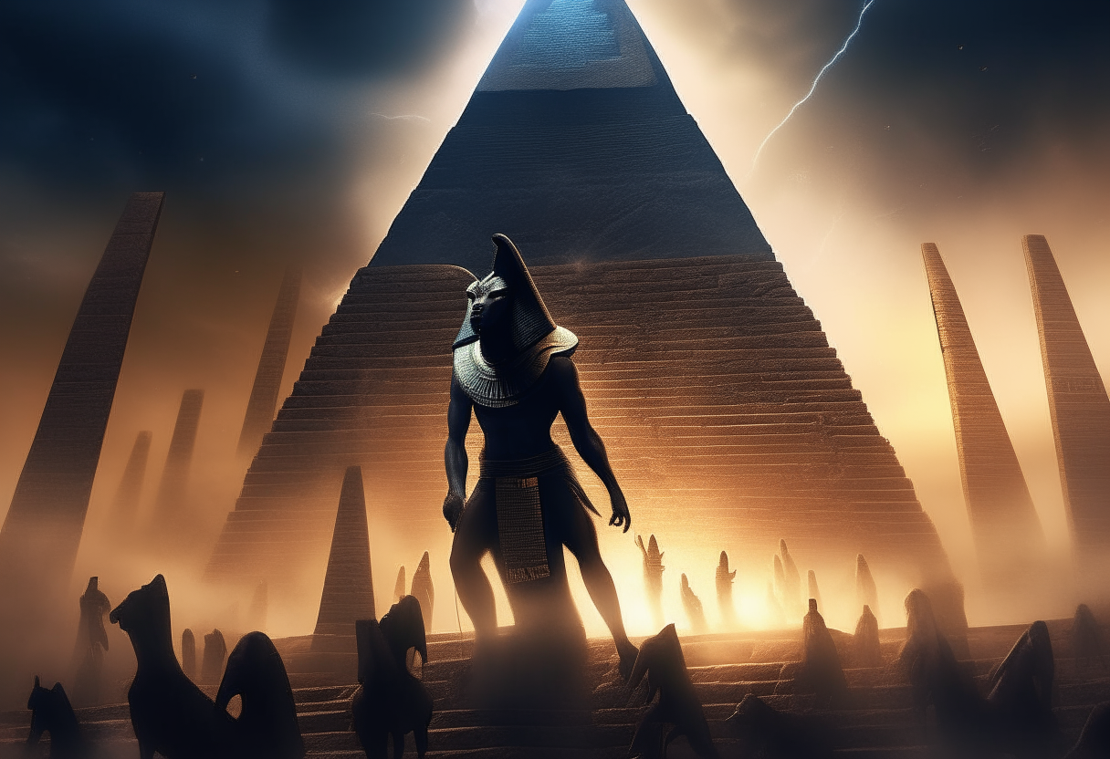In the climactic battle at the pyramids of Giza, the Egyptian god Anubis has taken a colossal form to battle invading aliens. Standing dozens of meters tall amongst the ancient structures, Anubis wields a massive flail against the extraterrestrial foes. The night sky lights up with flashes of otherworldly weapons fire as the god of death fights valiantly to defend Earth. epic, climactic, battle scene, pyramids of giza, anubis, god of death, enormous, colossal, fighting aliens, sci-fi, dramatic lighting, cinematic quality