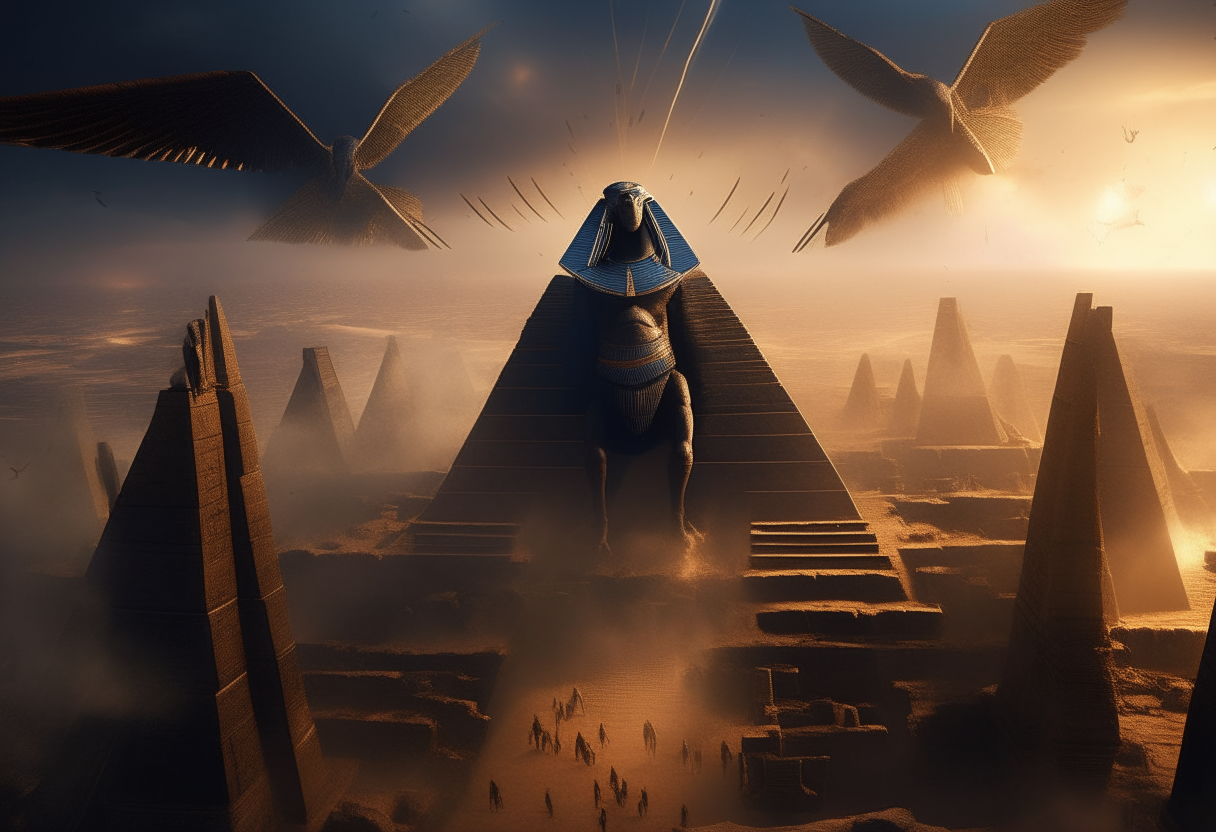 The god Horus soars through the night sky on massive wings, surveying the epic battle unfolding below. From his aerial vantage point, he sees the ancient Egyptians locked in a fierce clash against a terrifying alien invasion amidst the pyramids of Giza. Blazing weapons fire and explosive clashes light the scene with an intense yet cinematic glow. epic, climactic, battle scene, pyramids of giza, horus, egyptians vs aliens, god, flying, wings, aerial view, cinematic lighting, graphic yet artistic
