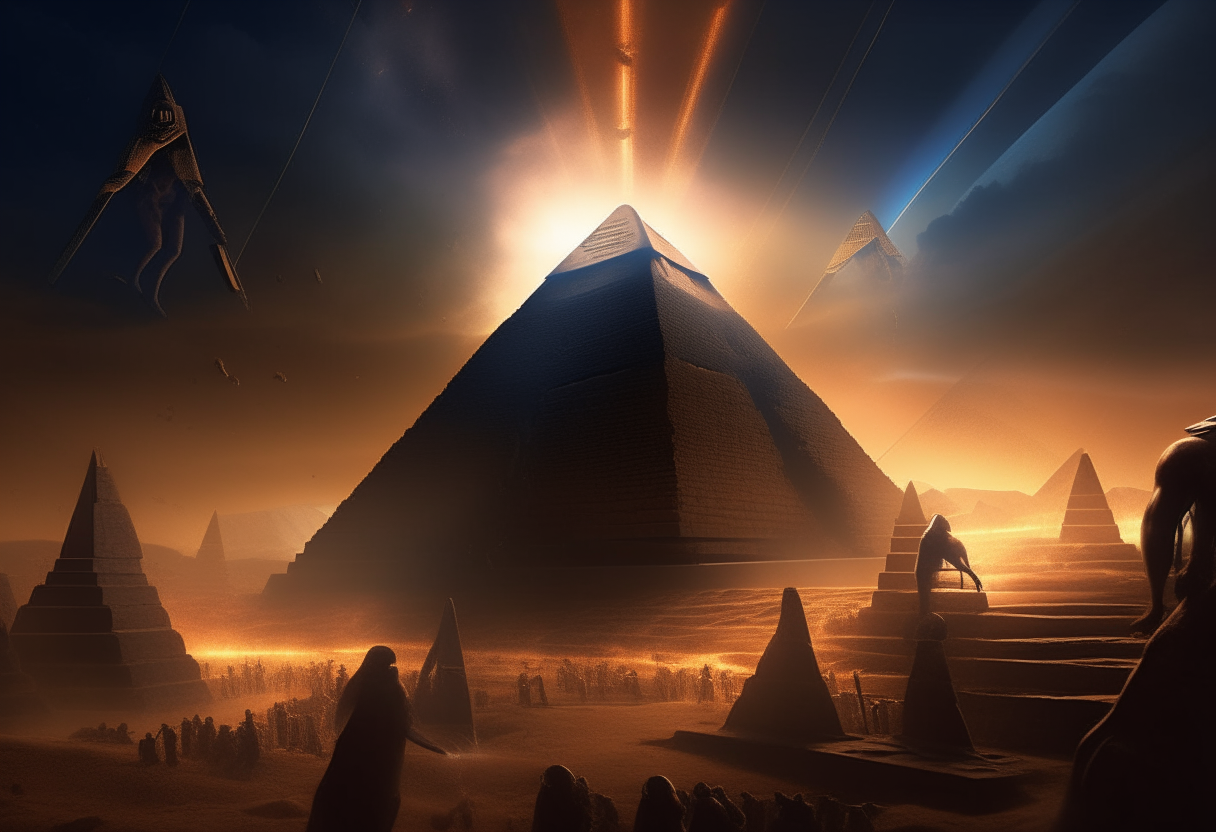 The battle rages on amidst the pyramids of Giza under the night sky. Horus surveys the scene from above as ancient Egyptians clash with a terrifying alien invasion. In the distance, an alien mothership hovers menacingly, its lights scanning the landscape below. Energy weapons fire lights the scene with an intense yet cinematic glow. epic, climactic, battle scene, pyramids of giza, horus, egyptians vs aliens, alien mothership, lights, cinematic lighting, graphic yet artistic