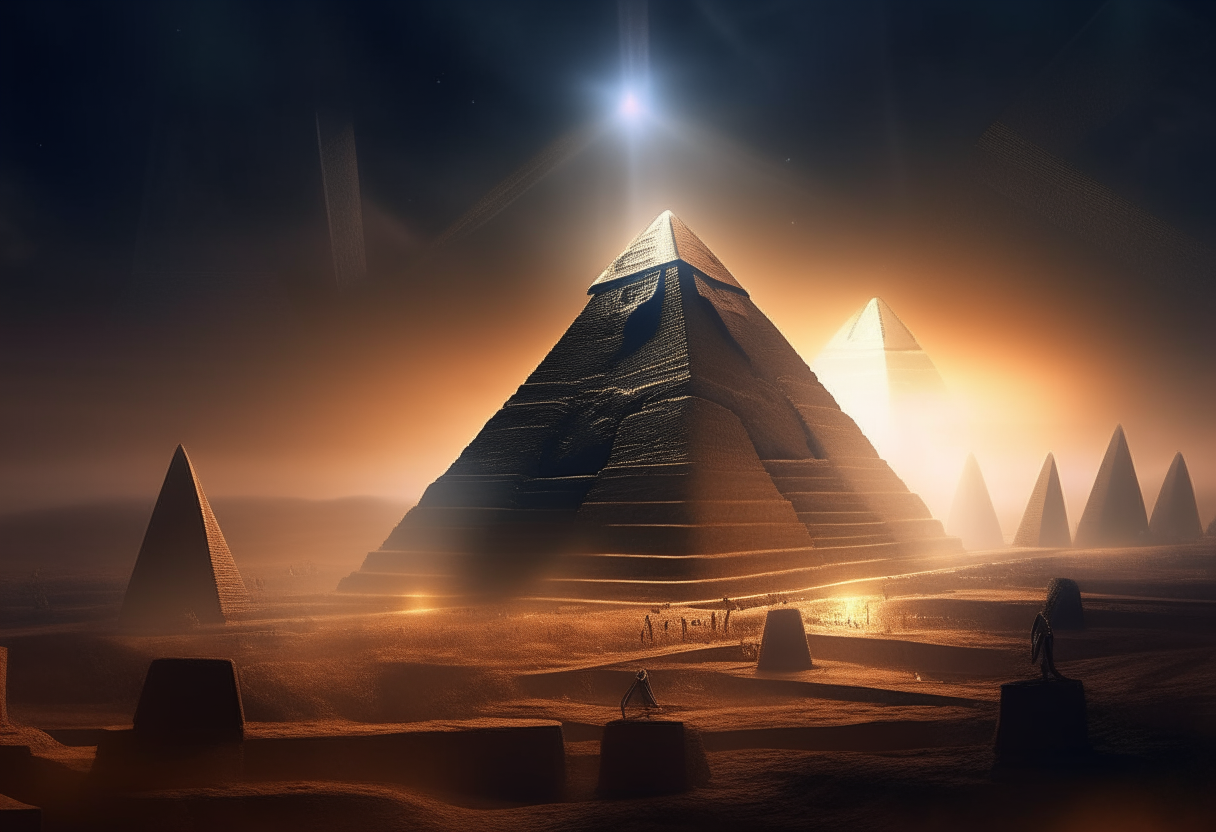 The pyramids of Giza stand tall under the glow of an unearthly light. Beside the ancient structures, a colossal alien mothership hovers menacingly. Strange lights emanate from its hull, bathing the landscape in an eerie radiance unlike anything from Earth. The scene is at once breathtaking and unsettling. epic scale, pyramids of giza, alien mothership, unearthly lighting, sci-fi, cinematic quality