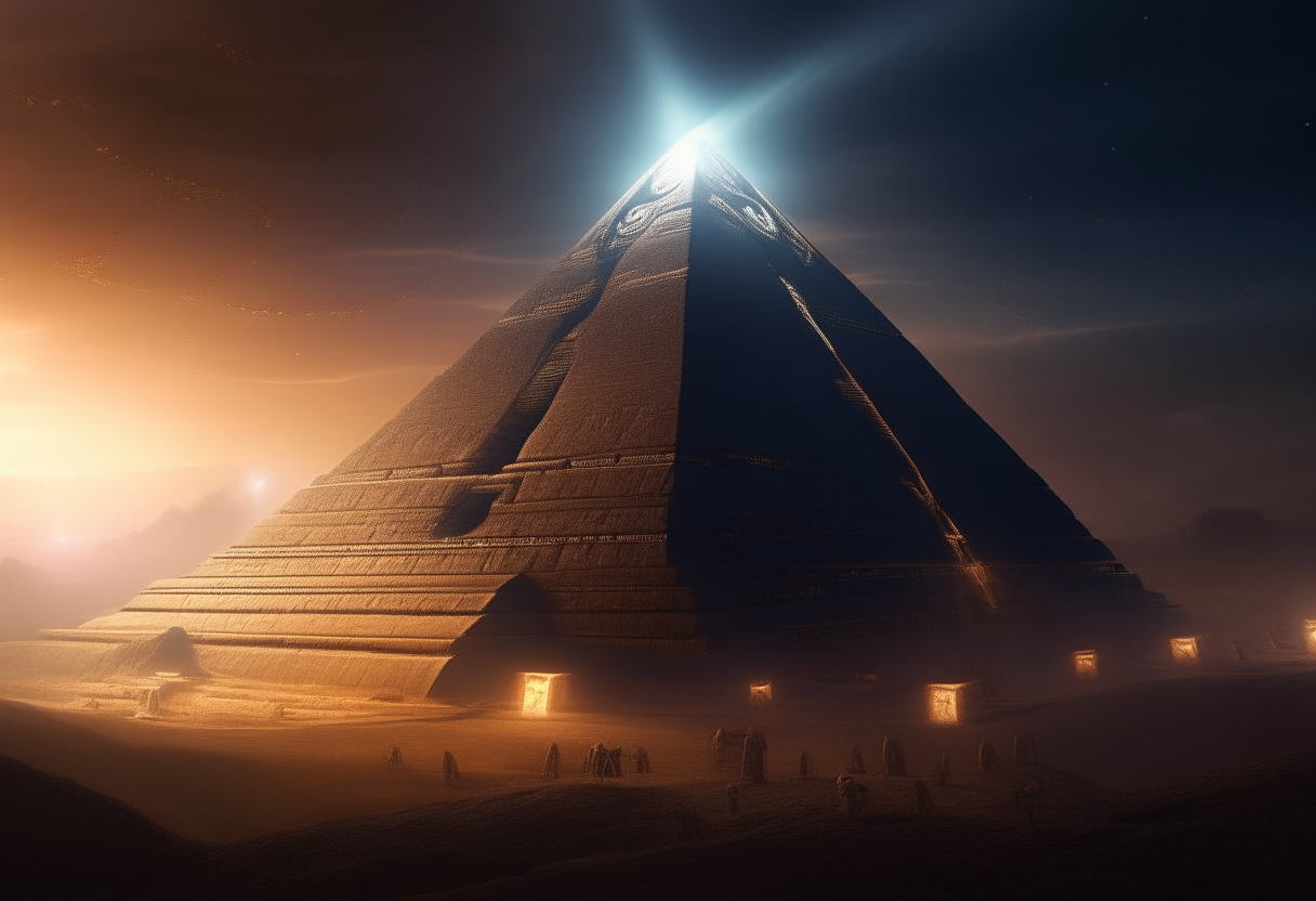 The pyramids of Giza stand tall under the glow of an unearthly light bathing the landscape. Beside the ancient structures, a colossal alien mothership hovers menacingly. In the sky, a sleek futuristic spaceship flies through the atmosphere, its advanced design unlike any craft from Earth. The scene is both breathtaking and hints at civilizations beyond our world. epic scale, pyramids of giza, alien mothership, futuristic spaceship, unearthly lighting, sci-fi, cinematic quality