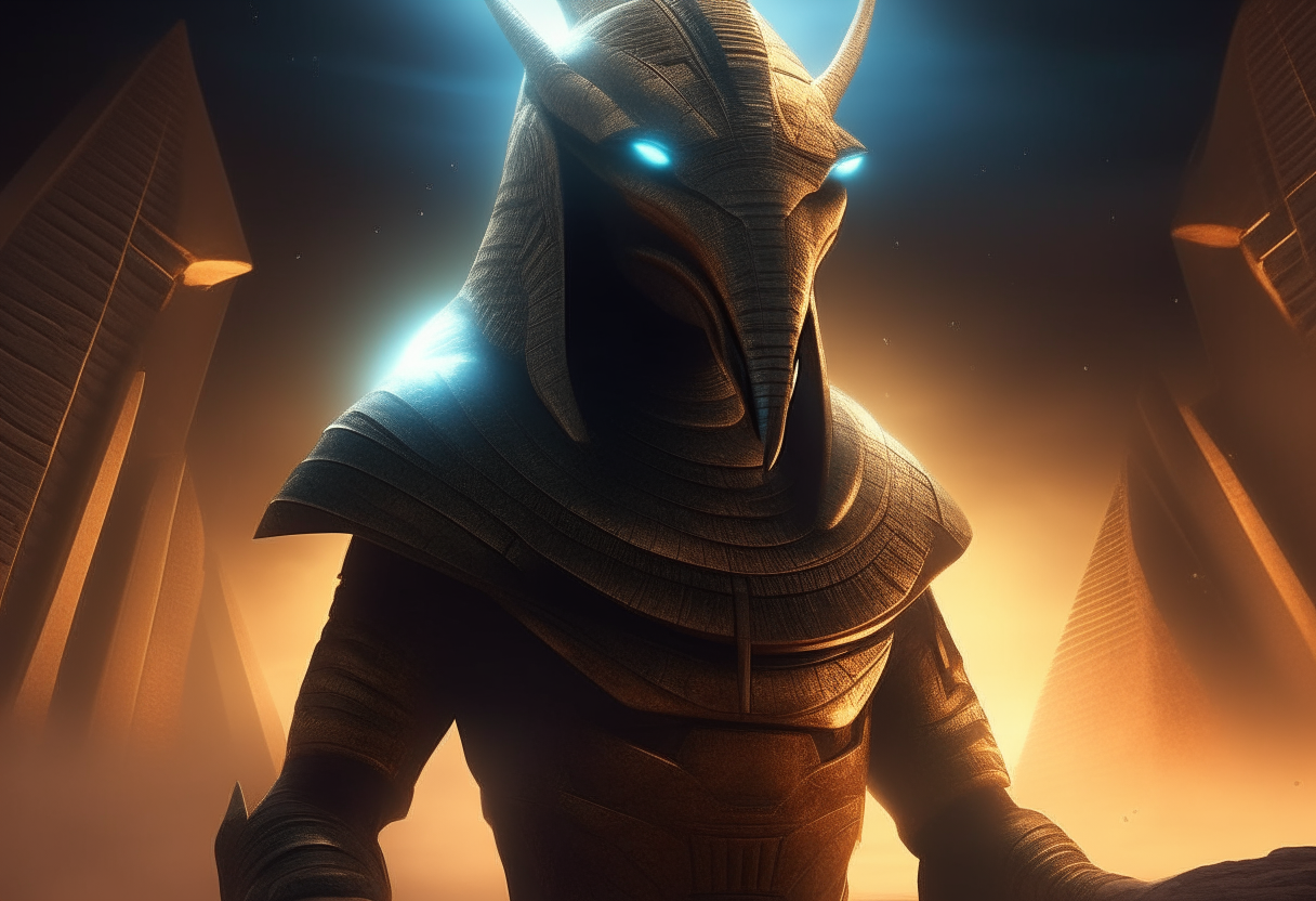 A fearsome alien warrior stands proudly amidst the sands. Clad in armor patterned with hieroglyphs and bearing the head of a jackal, the being cuts an imposing figure. Though from beyond the stars, it has taken the fearsome form of Wepwawet, the Egyptian god of war and hunting. Its eyes glow an otherworldly hue as it readies for battle. epic, sci-fi, alien, egyptian god of war, wepwawet, jackal head, armored, glowing eyes, cinematic quality