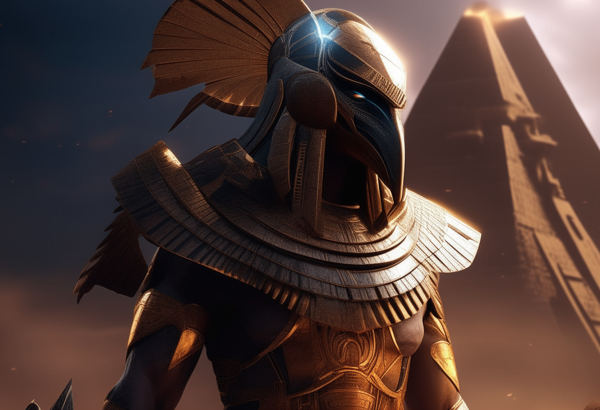 The god of war Montu strides proudly amidst the sands, clad in armor that fuses ancient Egyptian iconography with advanced materials from distant worlds. His battle armor is etched with hieroglyphs yet shimmers with an otherworldly glow. A fearsome helmet in the likeness of a falcon crowns his head, protecting yet intimidating all who face his wrath in battle. epic, sci-fi, egyptian god of war, montu, futuristic armor, glowing, falcon helmet, cinematic quality
