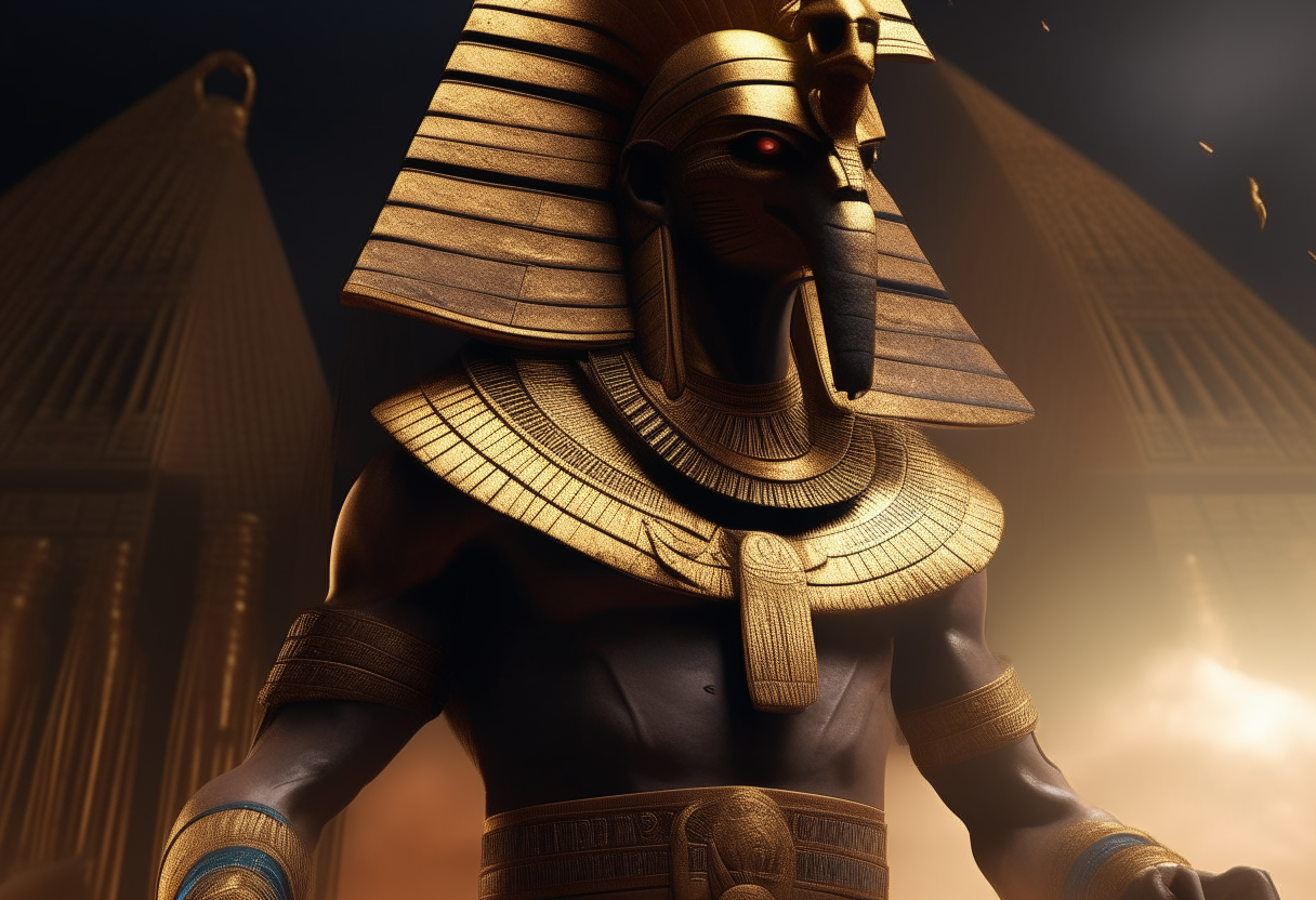 The god of war Montu stands proudly, adorned in the finest regalia of ancient Egypt. Golden necklaces drape across his muscular chest, and arm bands mark his strength and status. A crown of royal cobras rises ominously from his brow. Though prepared for battle, his appearance echoes Egypt's most glorious pharaohs. epic, egyptian god of war, montu, traditional garments, necklaces, arm bands, cobra crown, cinematic quality