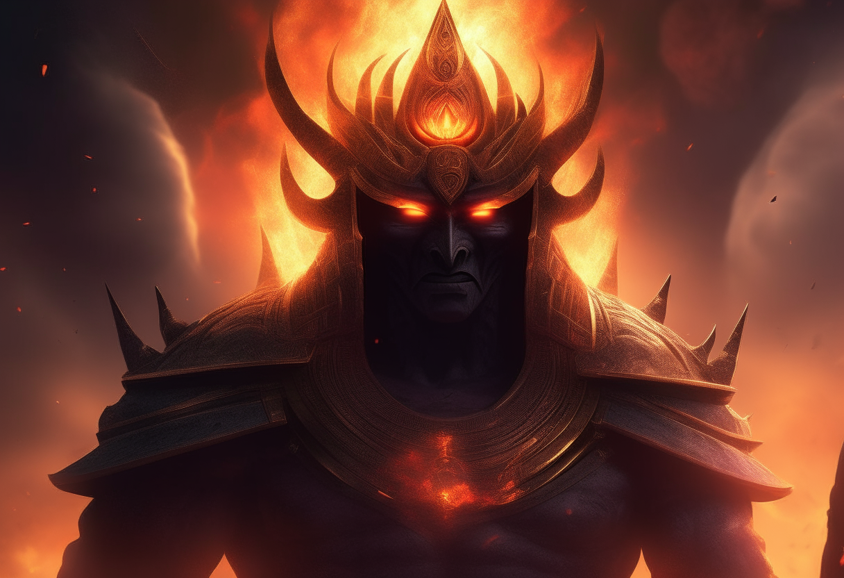 The god of destruction Sontu glares menacingly from beneath a crown of flames. His skin is seared and scarred, taking on ghastly patterns that hint at unspeakable acts. Eyes like molten lava burn with malice, daring any who face his wrath. Though fearsome to behold, none can stand against his terrible fury in battle. epic, egyptian god, sontu, fiery crown, graphic skin, evil, menacing, lava eyes, cinematic quality