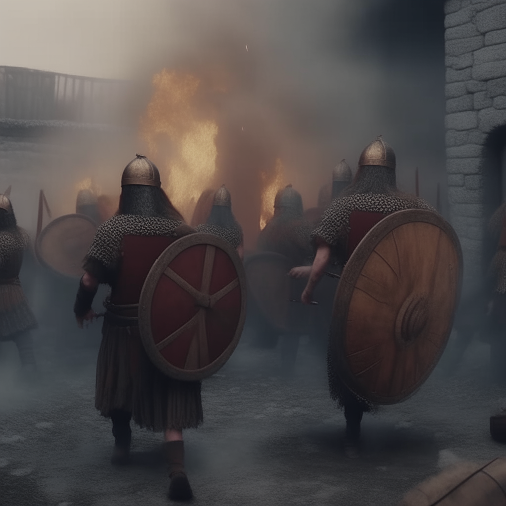 barbarians with beards, wooden shields, swords, covered with medieval tunics, invading an ancient roman city, burning fires, smoke, frightened people escaping, cinematic, 4k