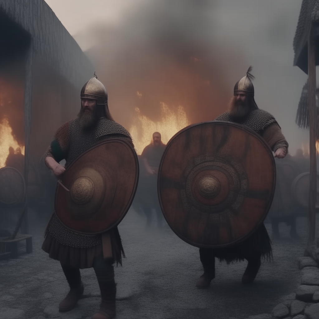 barbarians with beards, wooden shields, swords, covered with medieval tunics, invading an ancient roman city, burning fires, smoke, frightened people escaping, cinematic, 4k