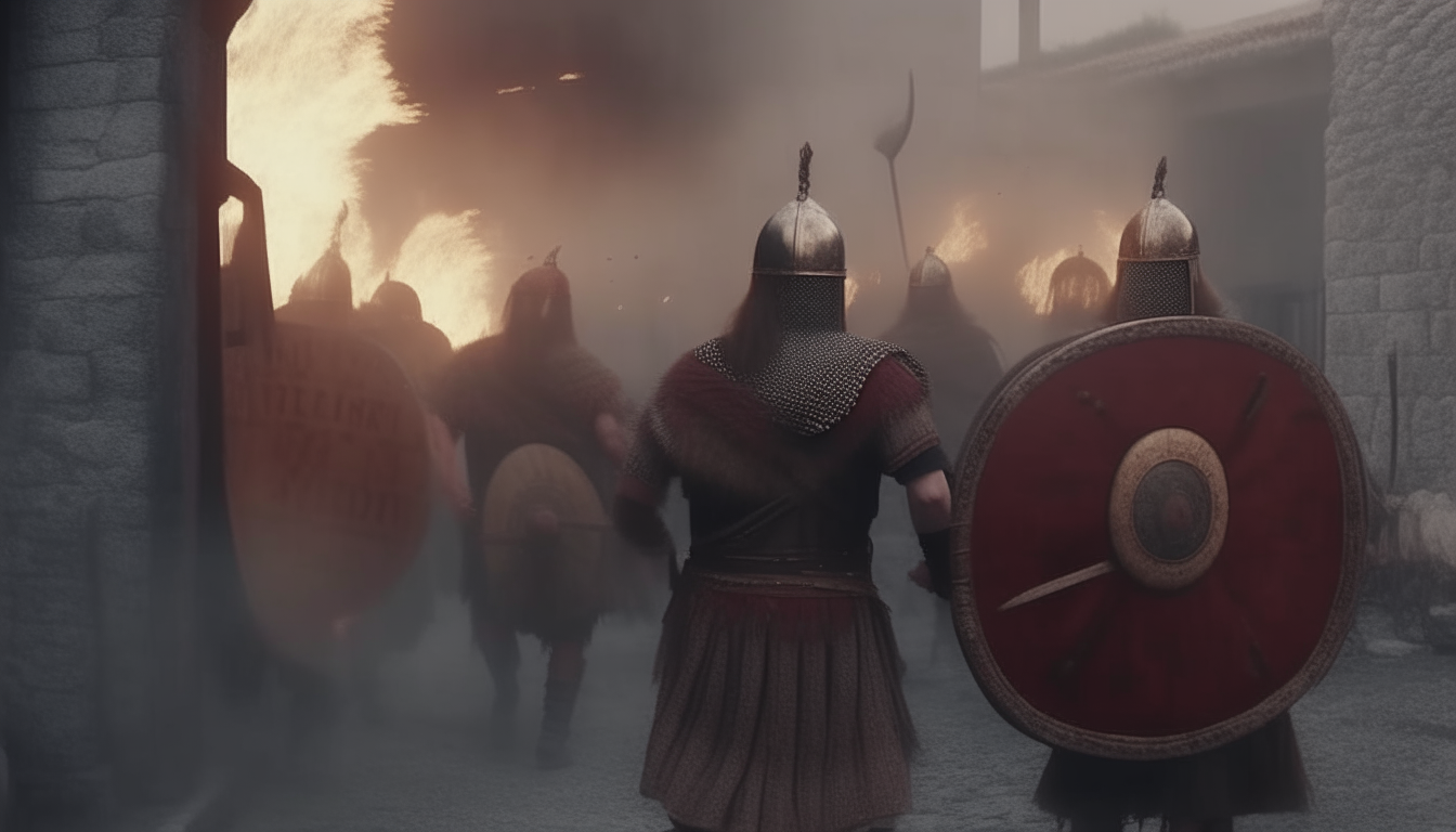 barbarians with beards, wooden shields, swords, covered with medieval tunics, white trousers, invading an ancient roman city, burning fires, smoke, frightened people escaping, cinematic, highly detailed, 4k