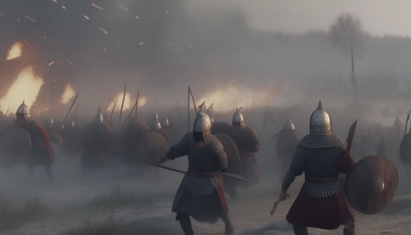 early medieval byzantine army fights against saracens, battlefield scene, fog, fires, cinematic 4k, highly detailed