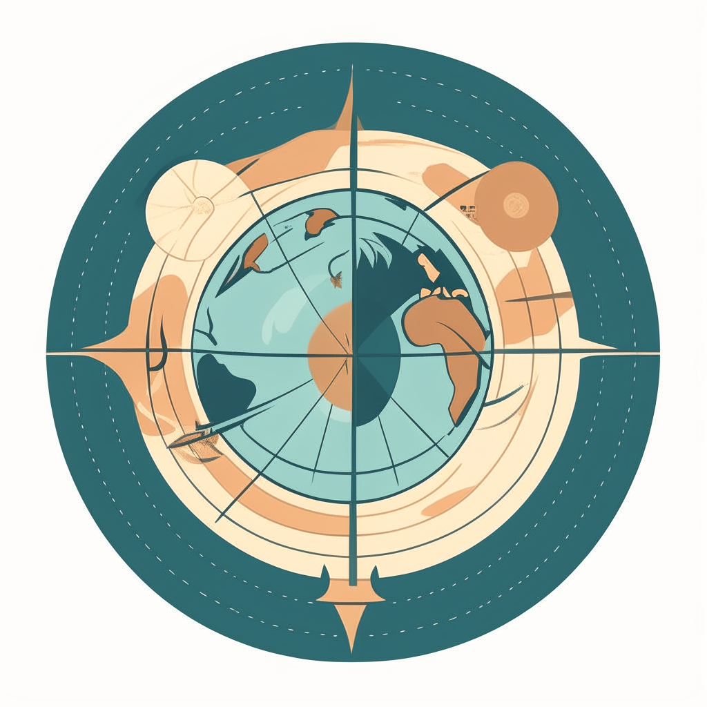 A stylized world map icon with curving landmasses and a unique compass rose to represent aimless exploration