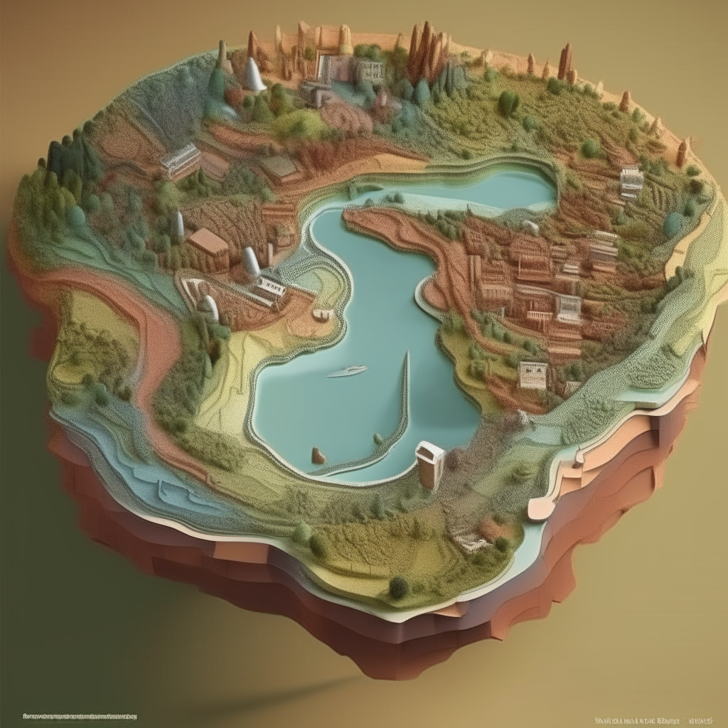 Un paisaje onírico con una brújula creativa en el centro y formas estilizadas que representan un mapa mundial