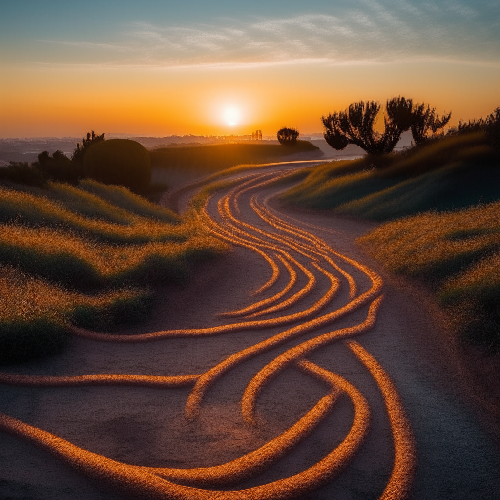 Caminos curvos que se entrelazan en la distancia frente a un atardecer, con símbolos de transformación