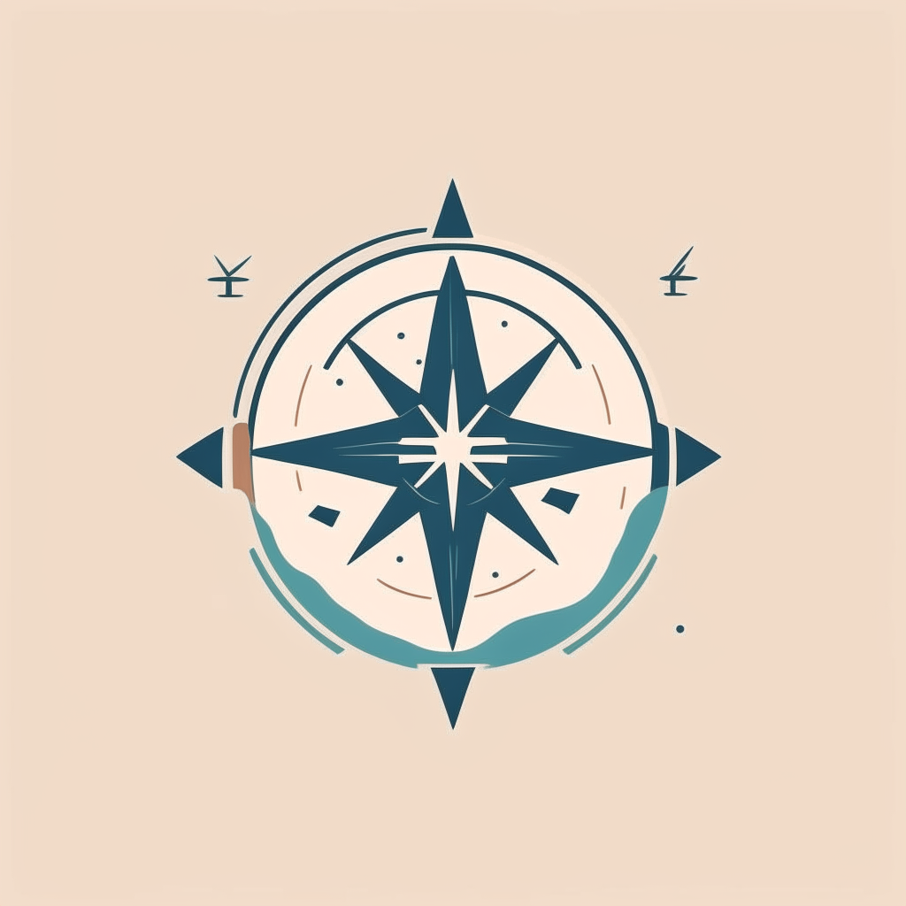 A minimalist dreamlike landscape logo with a unique compass rose in the center and stylized world map shapes suggesting boundless exploration