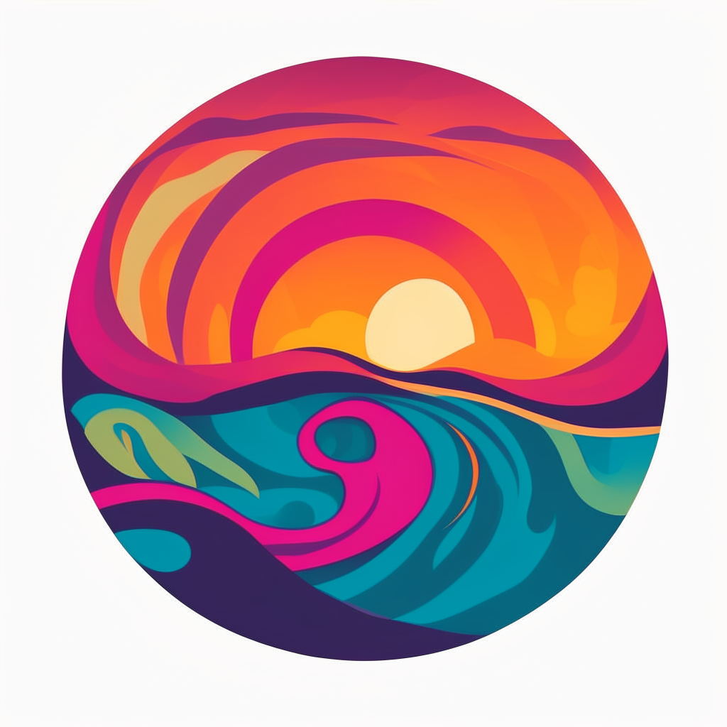 A logo featuring curving abstract paths entwining in the distance underneath a colorful sunset, with symbols of transformation