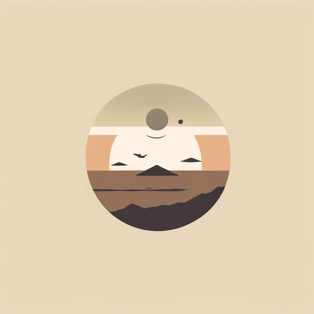 A minimalist logo depicting an endless horizon with symbols of evolution floating above a ground of mixed earth tones
