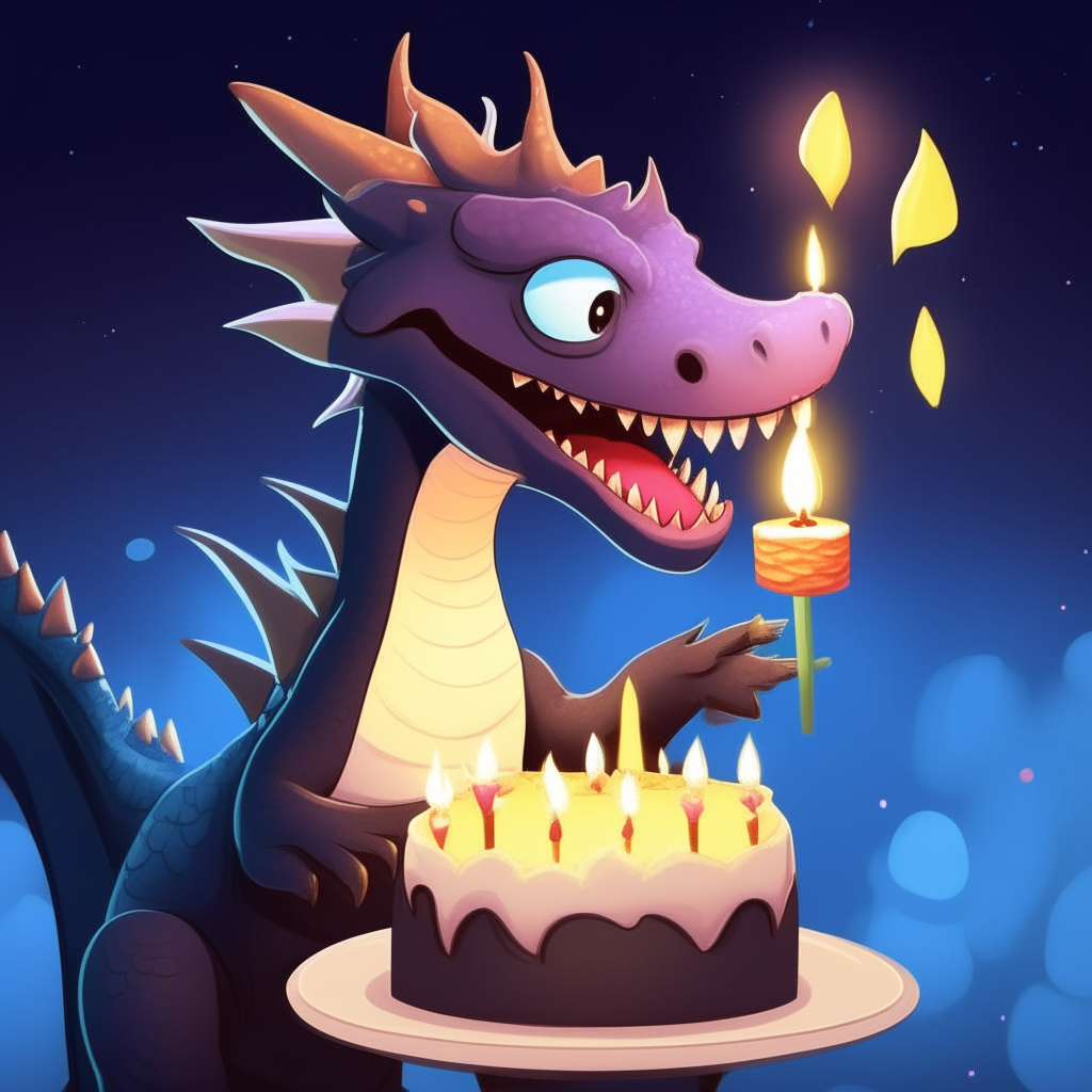 A cartoon dragon smiling and holding a birthday cake with candles lit, against a night sky background