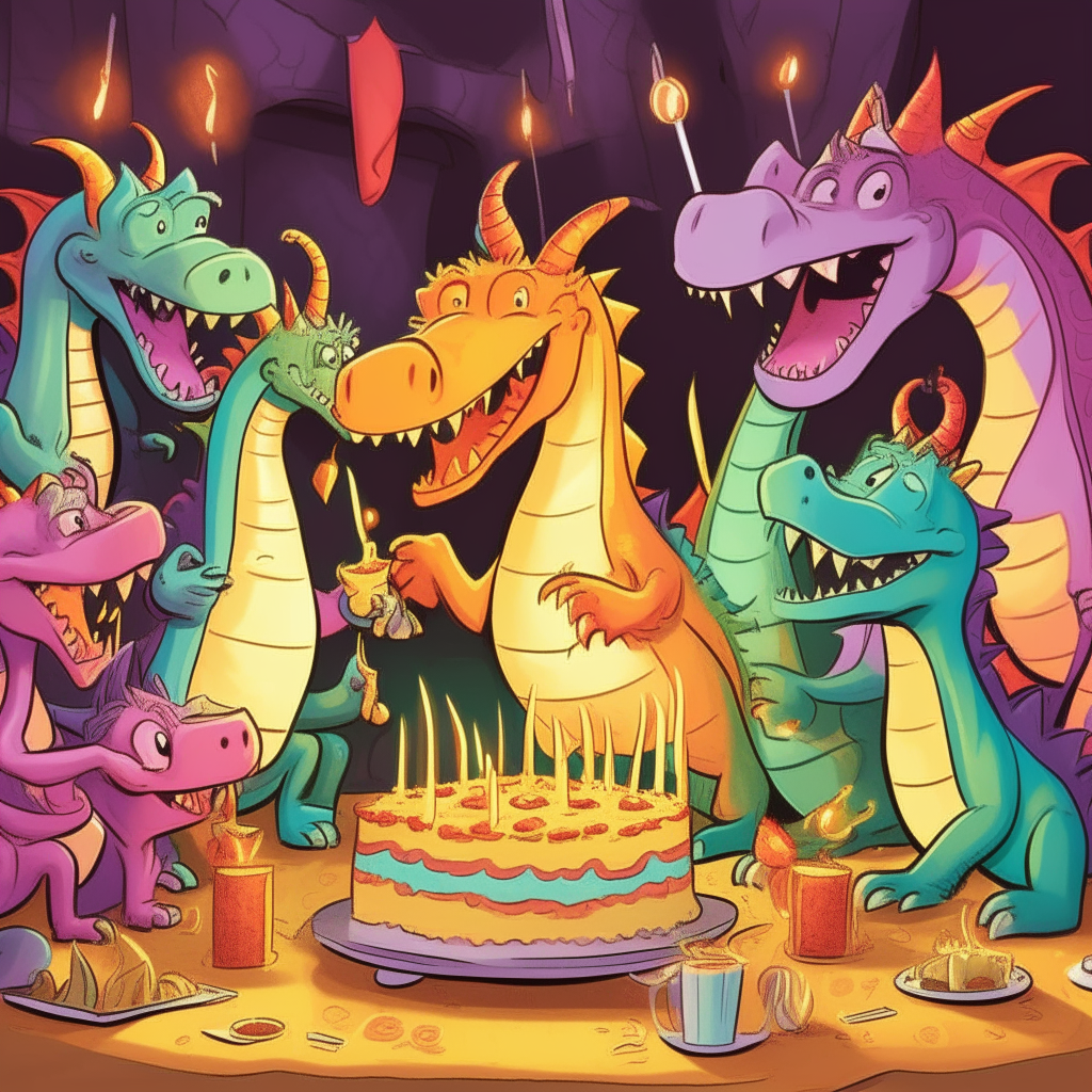 A group of cartoon dragons gathered around a table singing happy birthday to one dragon, with a cake decorated with colorful flames