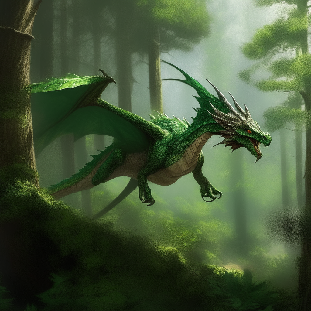 A large green dragon soaring through a forest