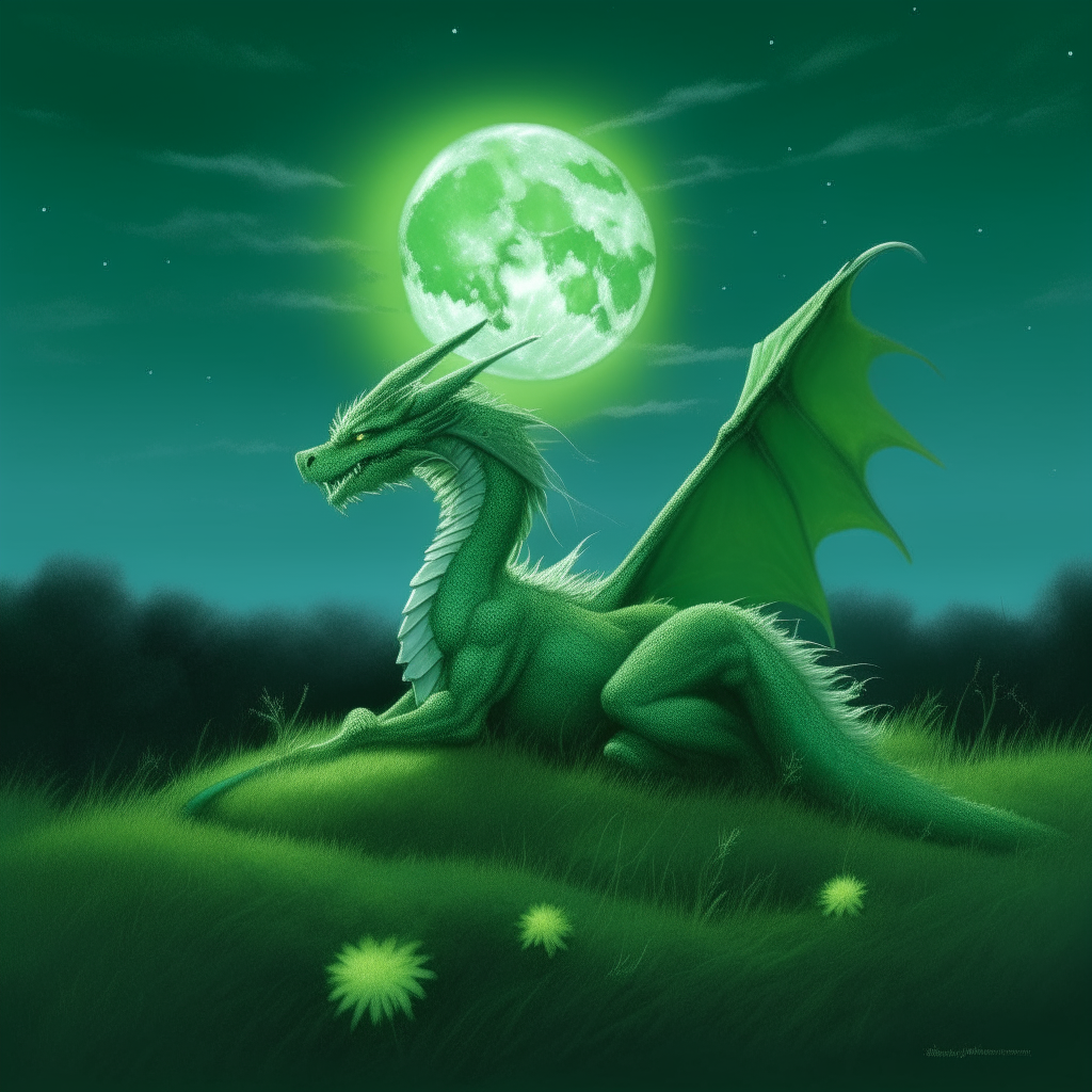A green dragon resting in a meadow under the full moon